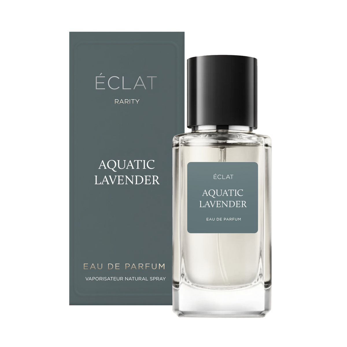 ÉCLAT Aquatic Lavender perfume with a clear glass bottle and black cap, beside its elegant dark teal box.