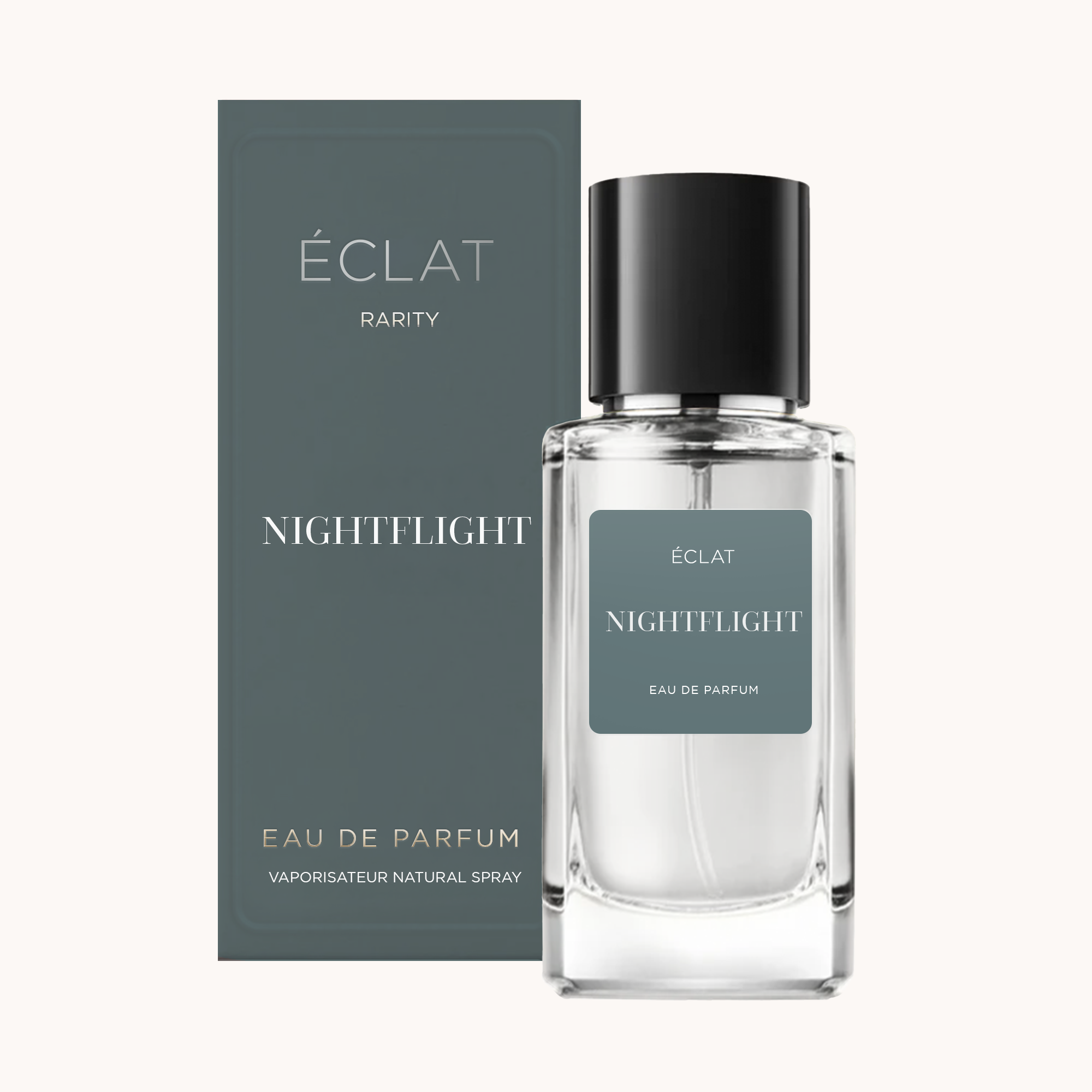 A clear glass flacon with a black cap, alongside a grey box, both labeled ÉCLAT Nightflight.