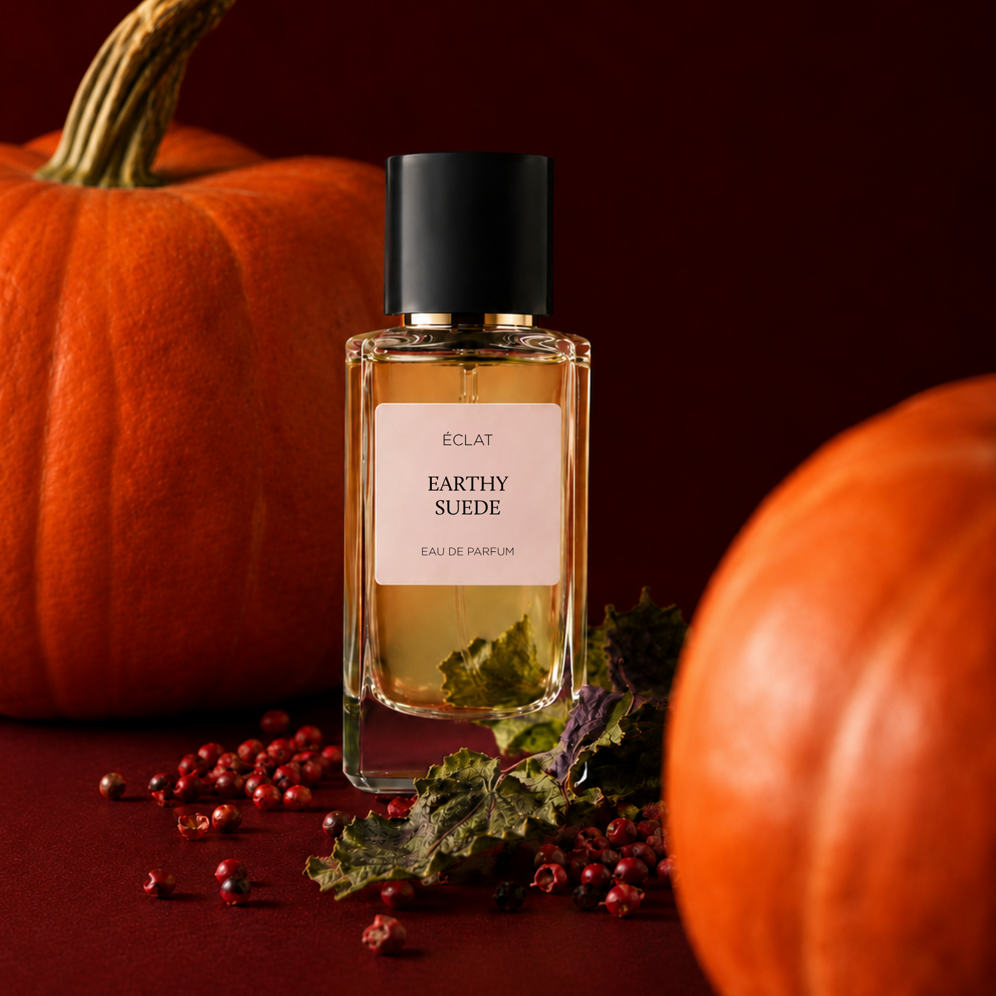 Frasco de perfume ÉCLAT Earthy Suede com tampa preta, rodeado de abóboras e folhas secas sobre um fundo vermelho rico.