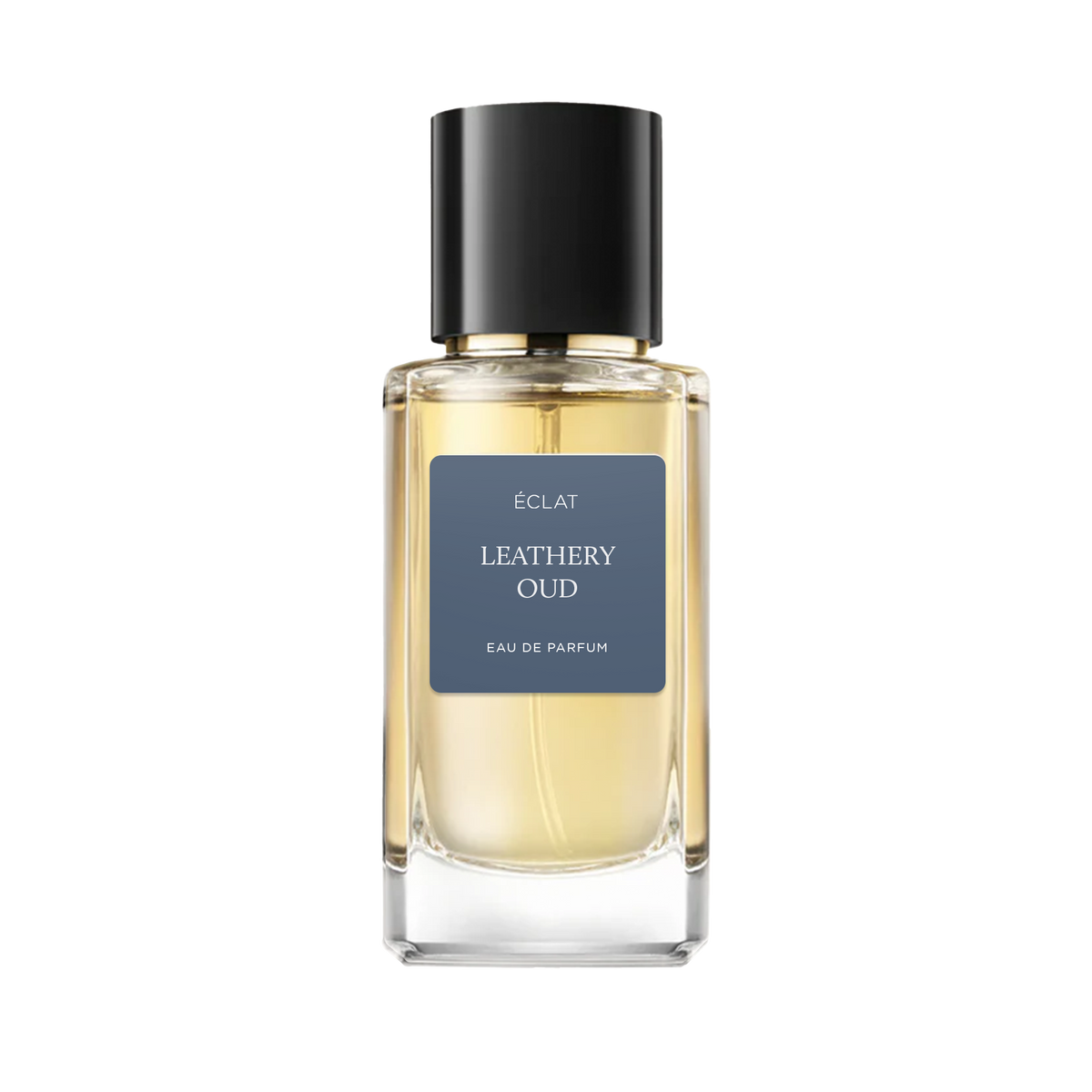 A faceted glass bottle with a dark cap holding ÉCLAT Leathery Oud perfume, featuring a sleek label.