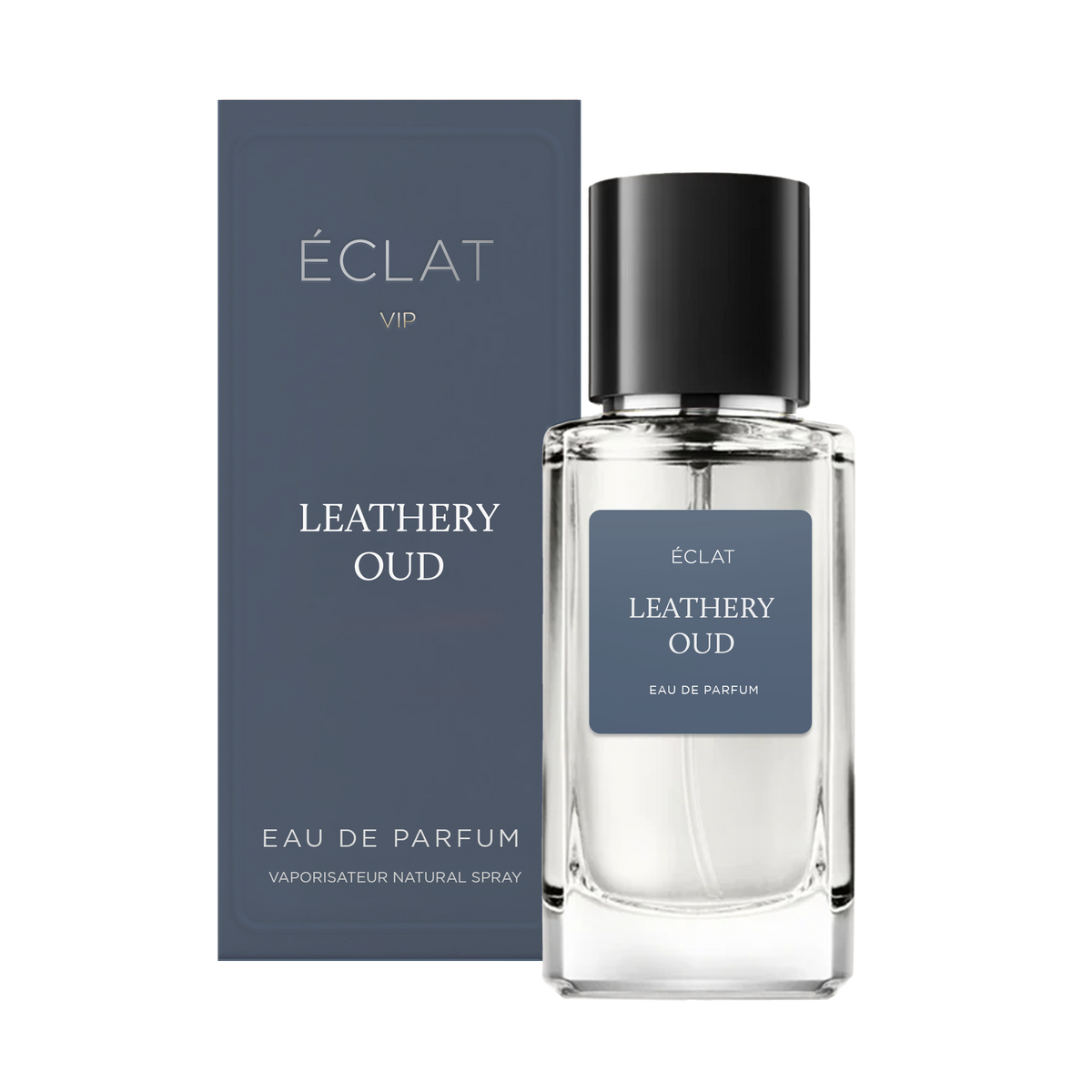 The ÉCLAT Leathery Oud perfume is displayed with its navy blue box beside a clear glass bottle with a black cap.