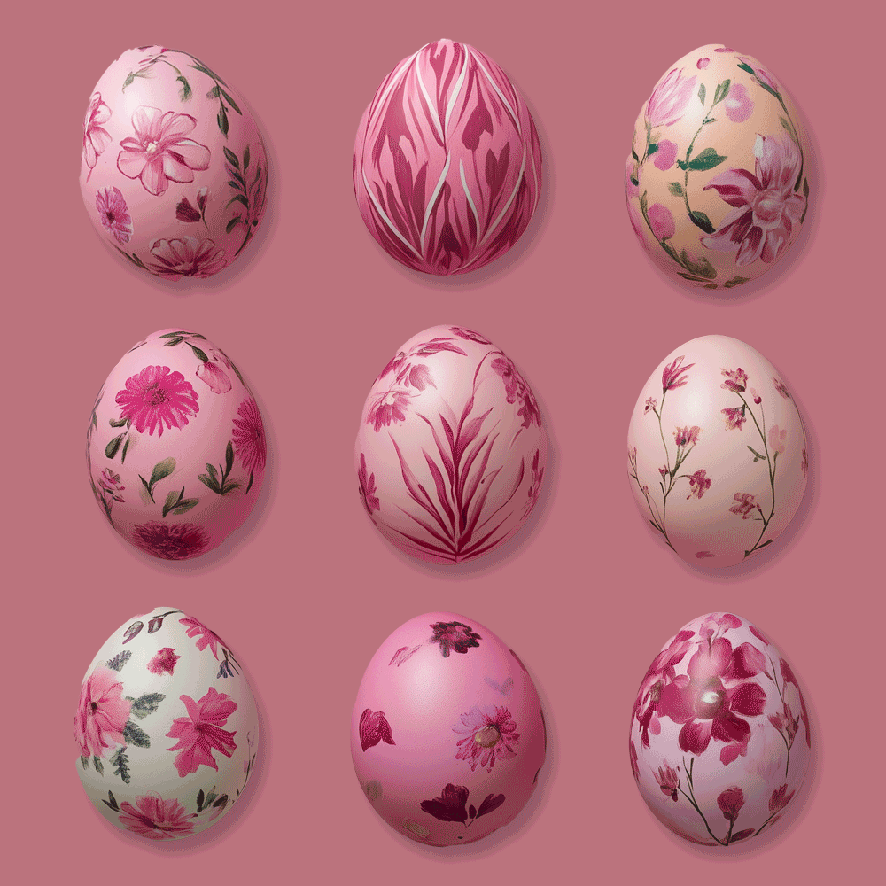 Nine pink Easter eggs with floral designs gently wobbling on a pink background – spring-inspired key visual of the ÉCLAT Easter Guide 2025