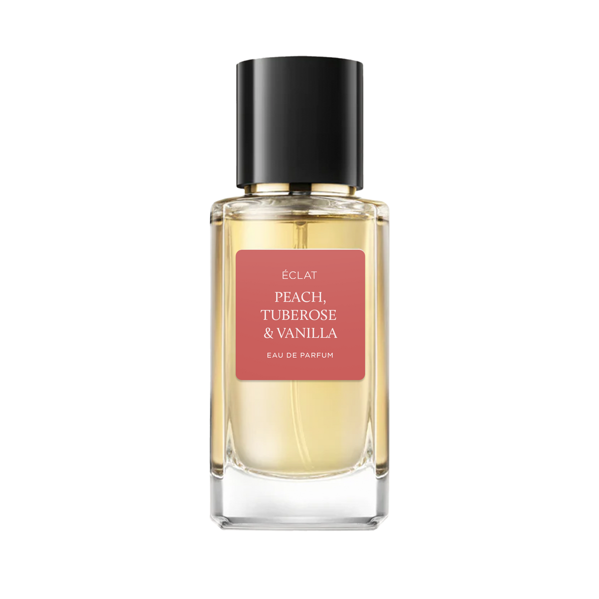 Frasco de perfume ÉCLAT com tampa preta e rótulo cor pêssego indicando fragrância de pêssego, tuberosa e baunilha.