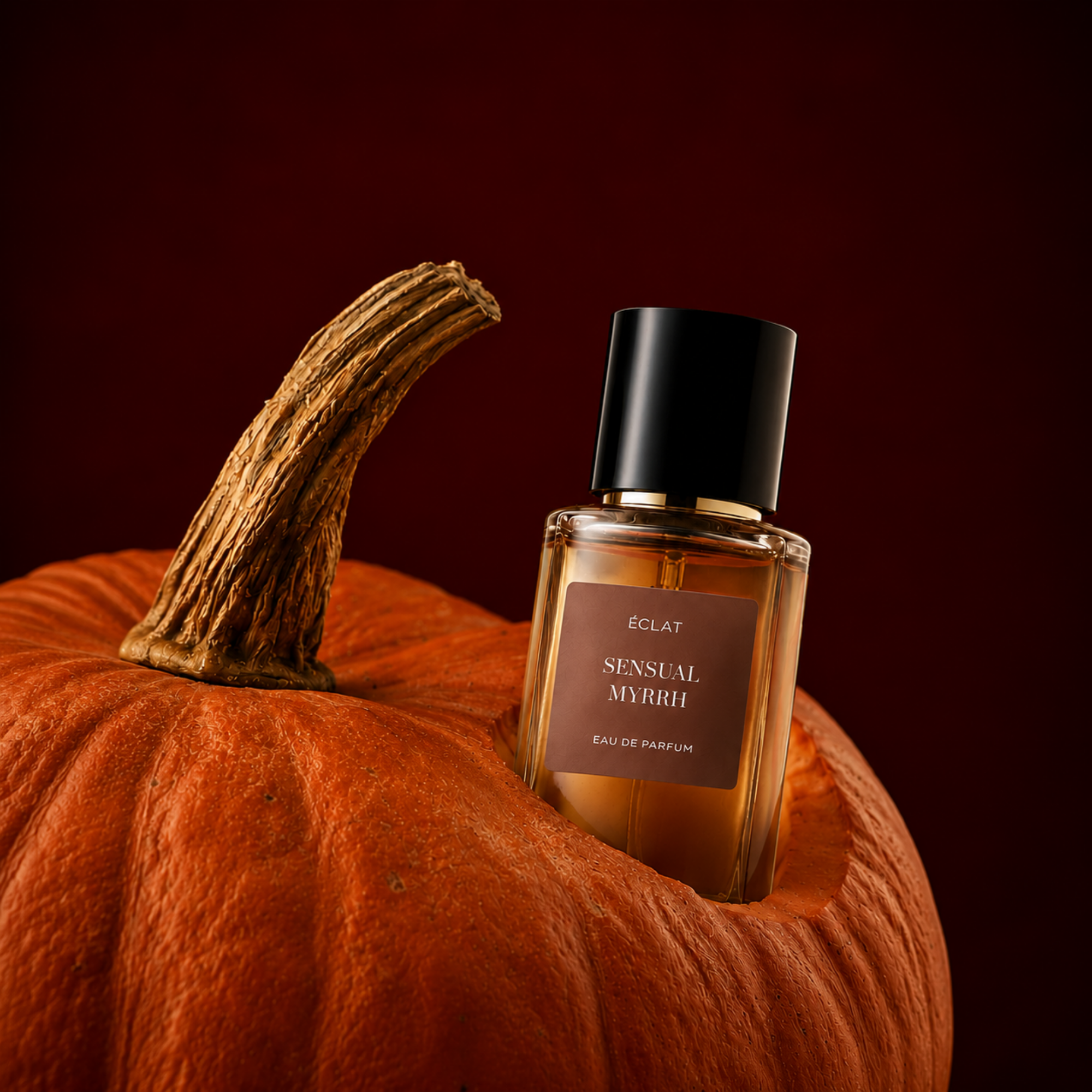 The ÉCLAT Sensual Myrrh perfume bottle is elegantly nestled in a carved pumpkin against a deep red background.