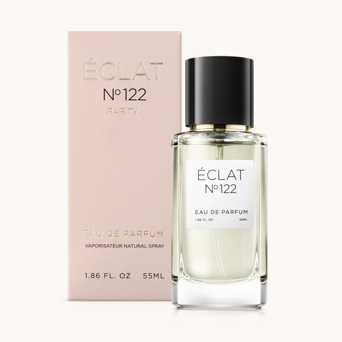 ÉCLAT No. 122 RAR perfume bottle with matching pink packaging. The elegant glass flacon features a black cylindrical magnetic cap and a simple white label with the inscription ÉCLAT No. 122 RAR and “Eau de Parfum”.