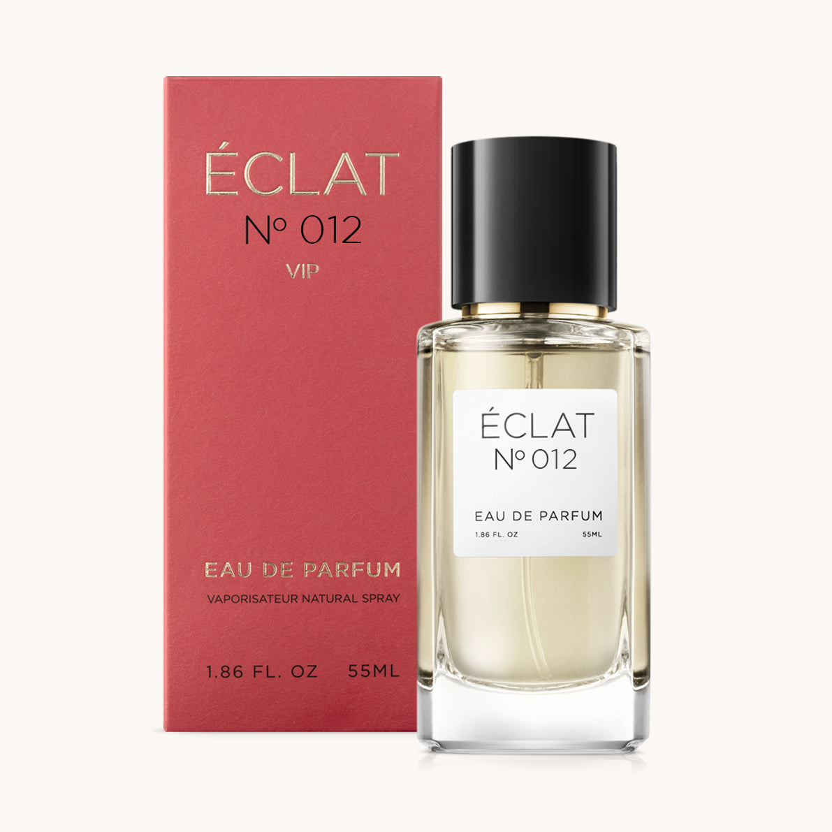 ÉCLAT No. 012 VIP perfume bottle with matching red packaging. The elegant glass flacon features a black cylindrical magnetic cap and a simple white label with the inscription ÉCLAT No. 012 VIP and “Eau de Parfum”.