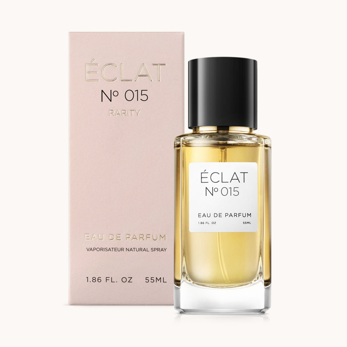 ÉCLAT No. 015 RAR perfume bottle with matching pink packaging. The elegant glass flacon features a black cylindrical magnetic cap and a simple white label with the inscription ÉCLAT No. 015 RAR and “Eau de Parfum”.