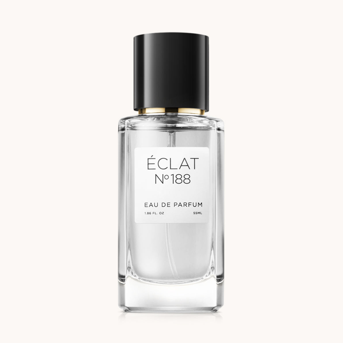 Flacon of the women's fragrance dupe ÉCLAT No. 188, an elegant transparent glass bottle with a black cylindrical magnetic cap and a white label. The label features the brand name ÉCLAT, the number 188, and the words “Eau de Parfum”.