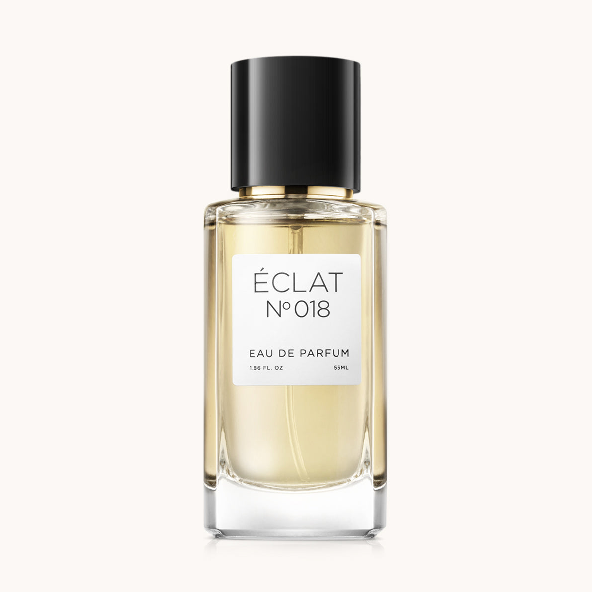 Flacon of the women's perfume dupe ÉCLAT No. 018, an elegant transparent glass bottle with a black cylindrical magnetic cap and a white label. The label features the brand name ÉCLAT, the number 018, and the words “Eau de Parfum”.