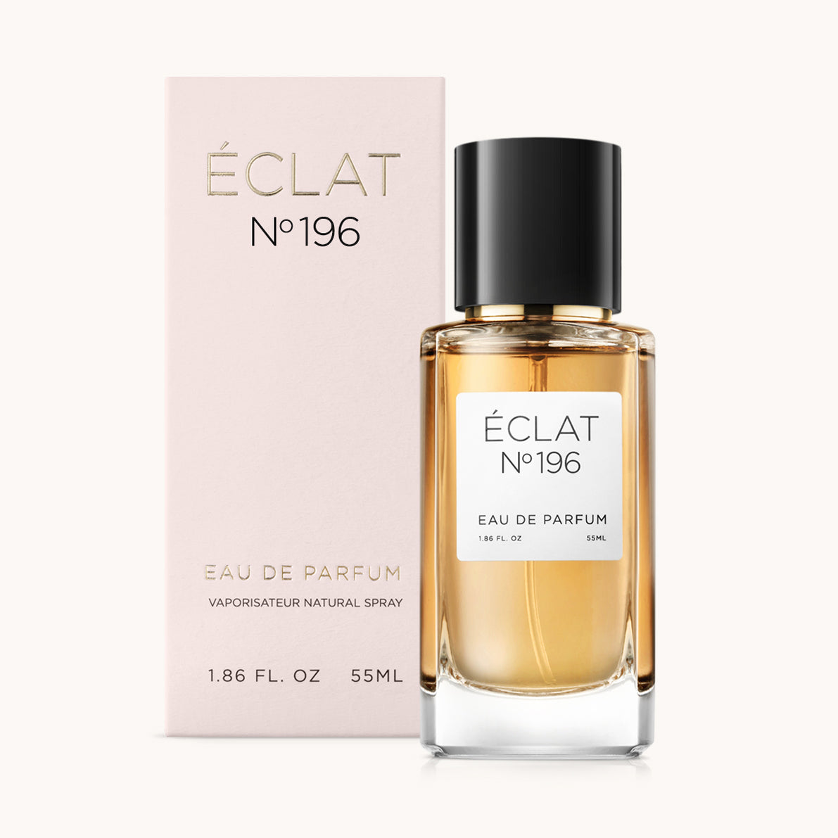 ÉCLAT No. 196 perfume bottle with matching light pink packaging. The elegant glass flacon features a black cylindrical magnetic cap and a simple white label with the inscription ÉCLAT No. 196 and “Eau de Parfum”.