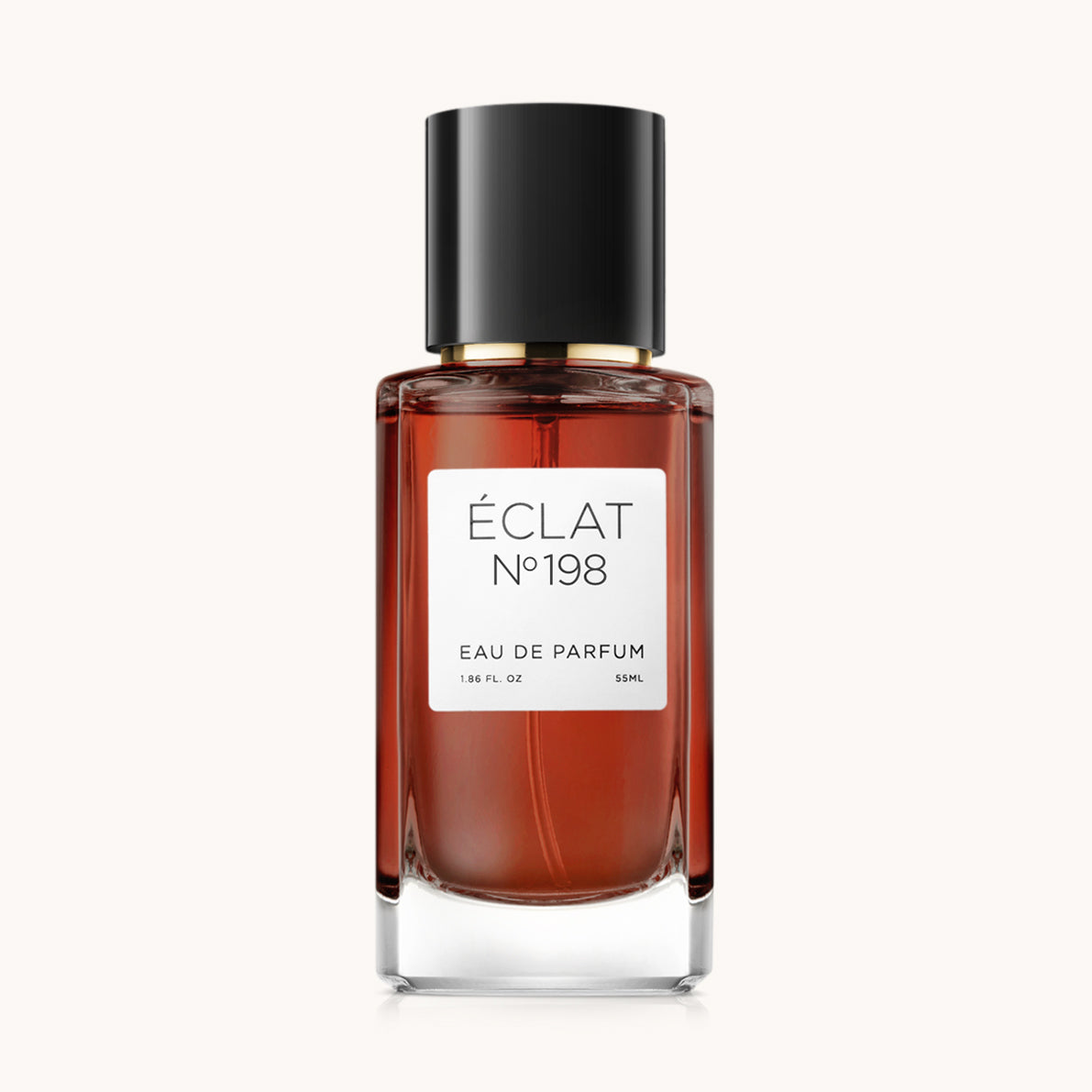 Flacon of the women's perfume dupe ÉCLAT No. 198, an elegant transparent glass bottle with a black cylindrical magnetic cap and a white label. The label features the brand name ÉCLAT, the number 198, and the words “Eau de Parfum”.