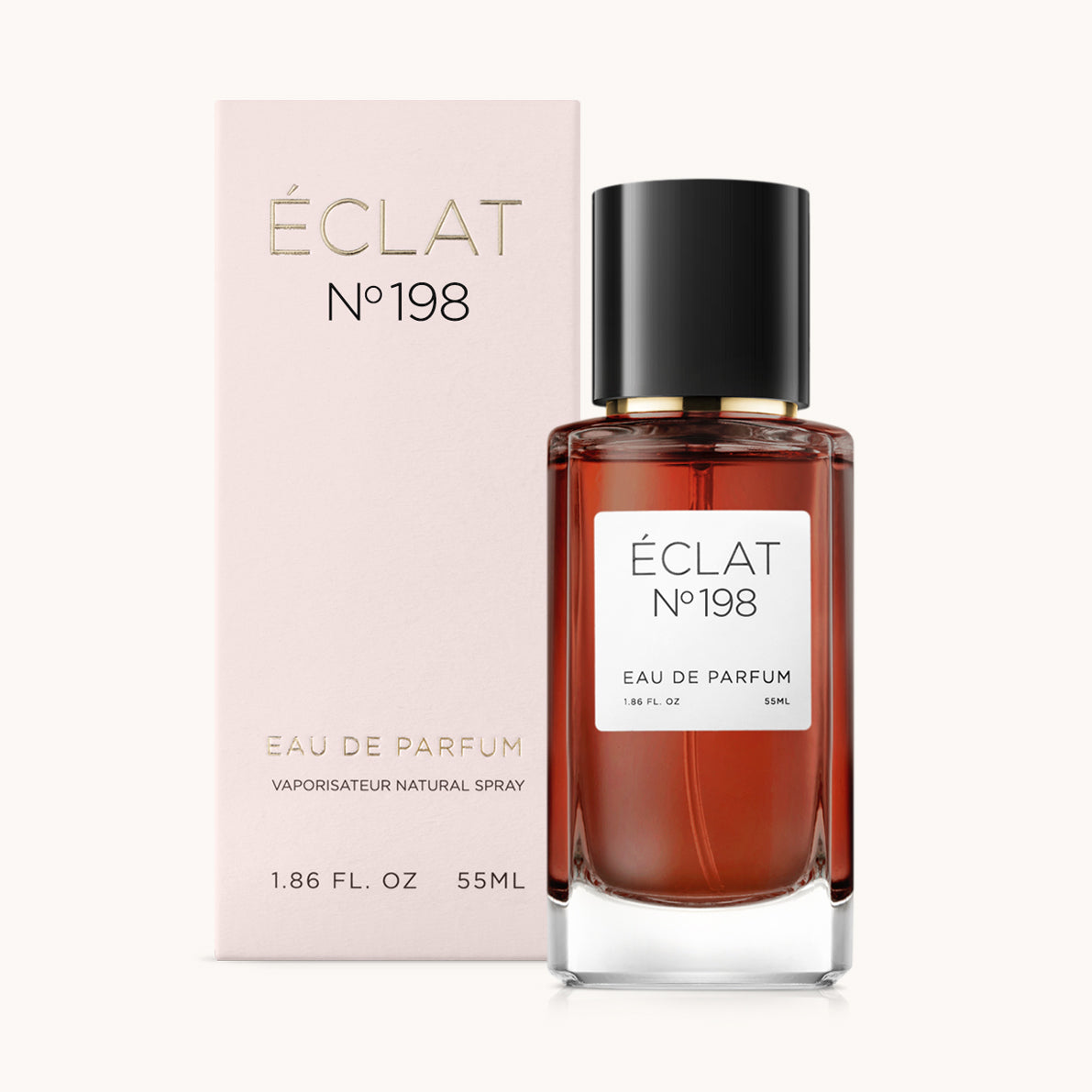 ÉCLAT No. 198 fragrance bottle with matching light pink packaging. The elegant glass flacon features a black cylindrical magnetic cap and a simple white label with the inscription ÉCLAT No. 198 and “Eau de Parfum”.