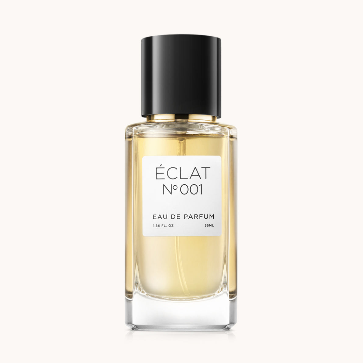 Flacon of the women's perfume dupe ÉCLAT No. 001, an elegant transparent glass bottle with a black cylindrical magnetic cap and a white label. The label features the brand name ÉCLAT, the number 001, and the words “Eau de Parfum”.