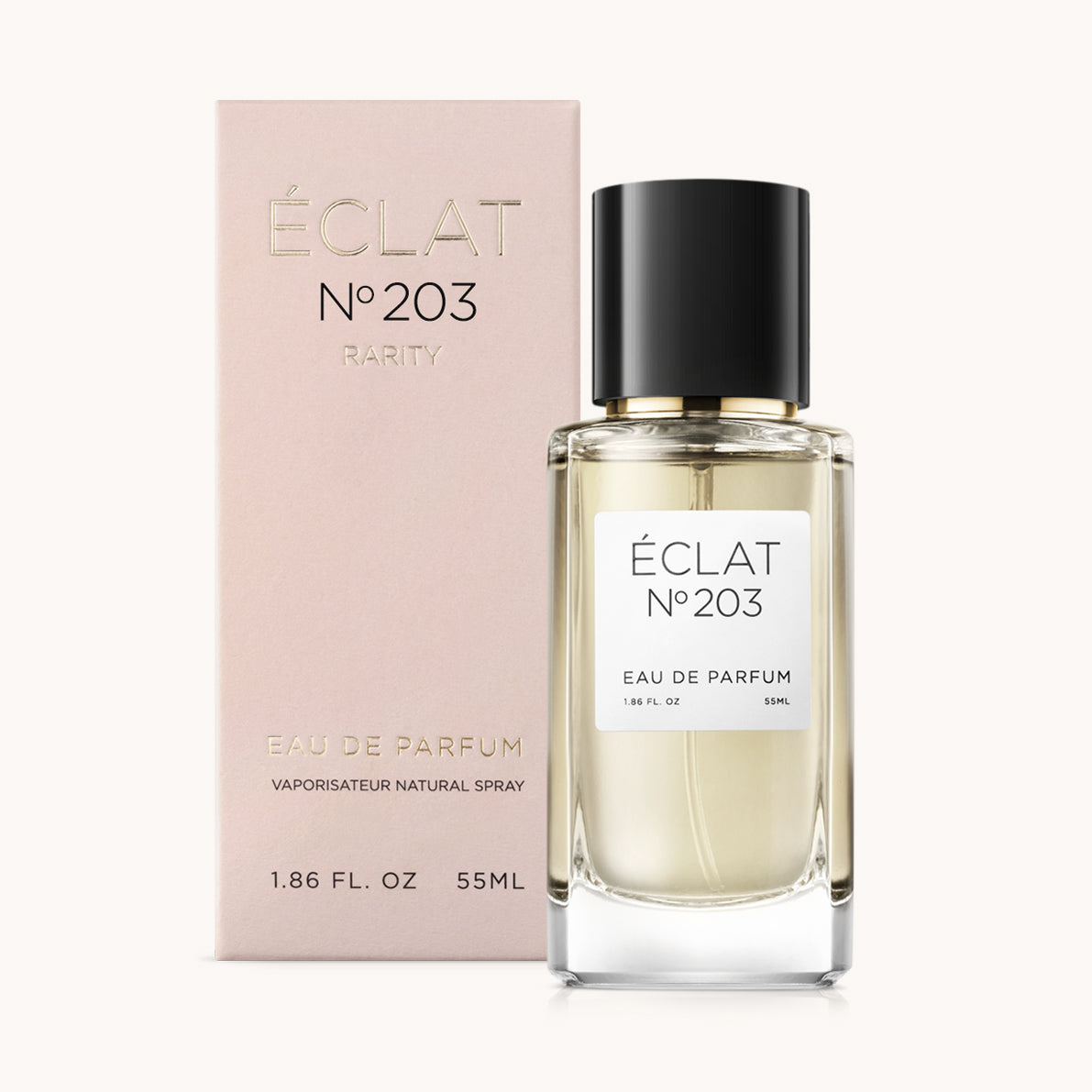 ÉCLAT No. 203 RAR perfume bottle with matching pink packaging. The elegant glass flacon features a black cylindrical magnetic cap and a simple white label with the inscription ÉCLAT No. 203 RAR and “Eau de Parfum”.