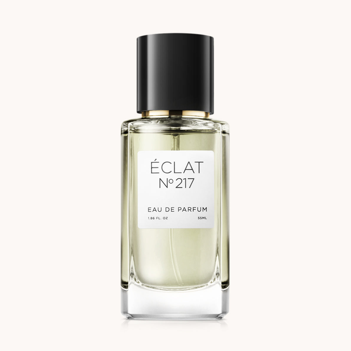 Flacon of the women's perfume dupe ÉCLAT No. 217, an elegant transparent glass bottle with a black cylindrical magnetic cap and a white label. The label features the brand name ÉCLAT, the number 217, and the words “Eau de Parfum”.