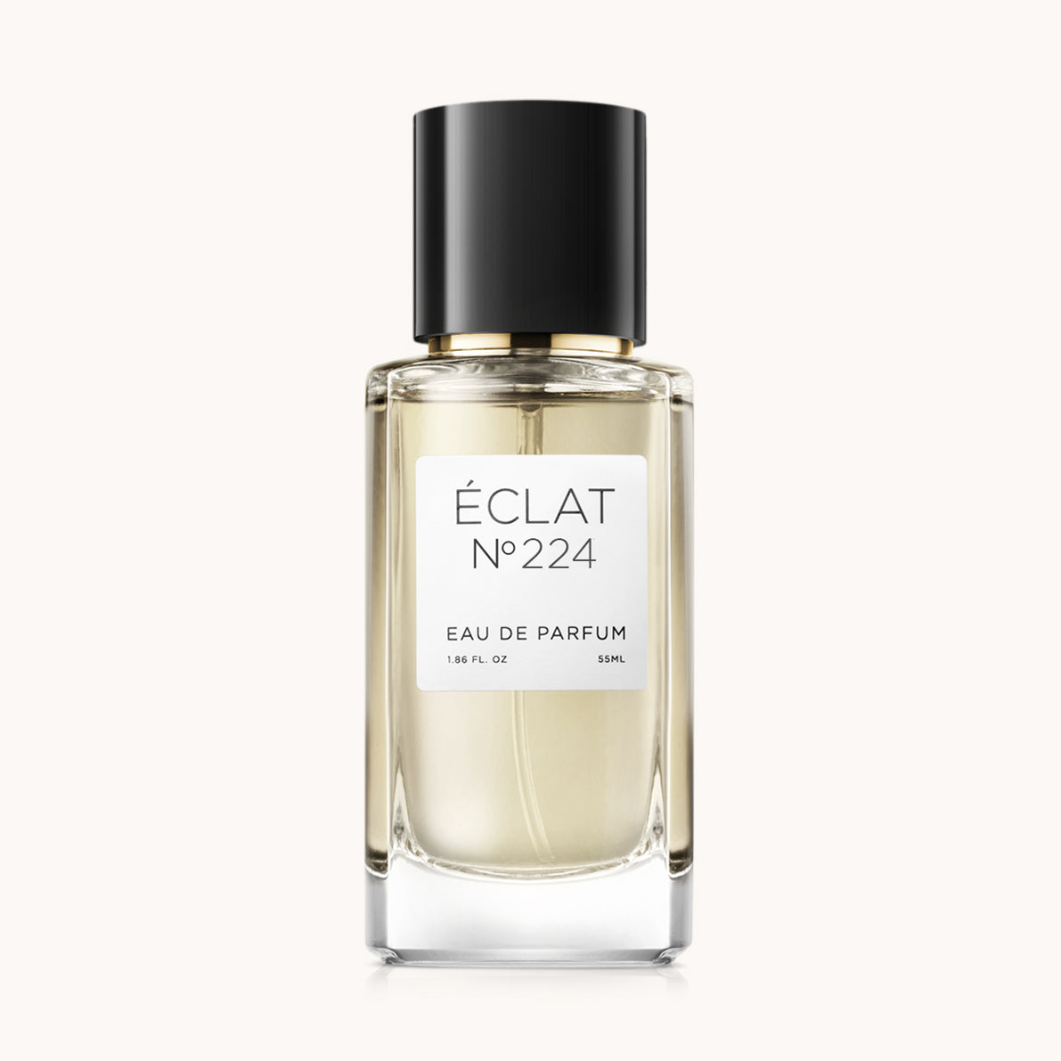 Flacon of the women's perfume dupe ÉCLAT No. 224, an elegant transparent glass bottle with a black cylindrical magnetic cap and a white label. The label features the brand name ÉCLAT, the number 224, and the words “Eau de Parfum”.