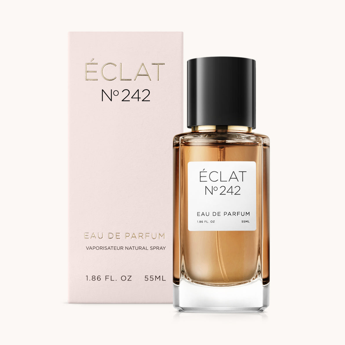 ÉCLAT No. 242 RAR perfume bottle with matching pink packaging. The elegant glass flacon features a black cylindrical magnetic cap and a simple white label with the inscription ÉCLAT No. 242 RAR and “Eau de Parfum”.