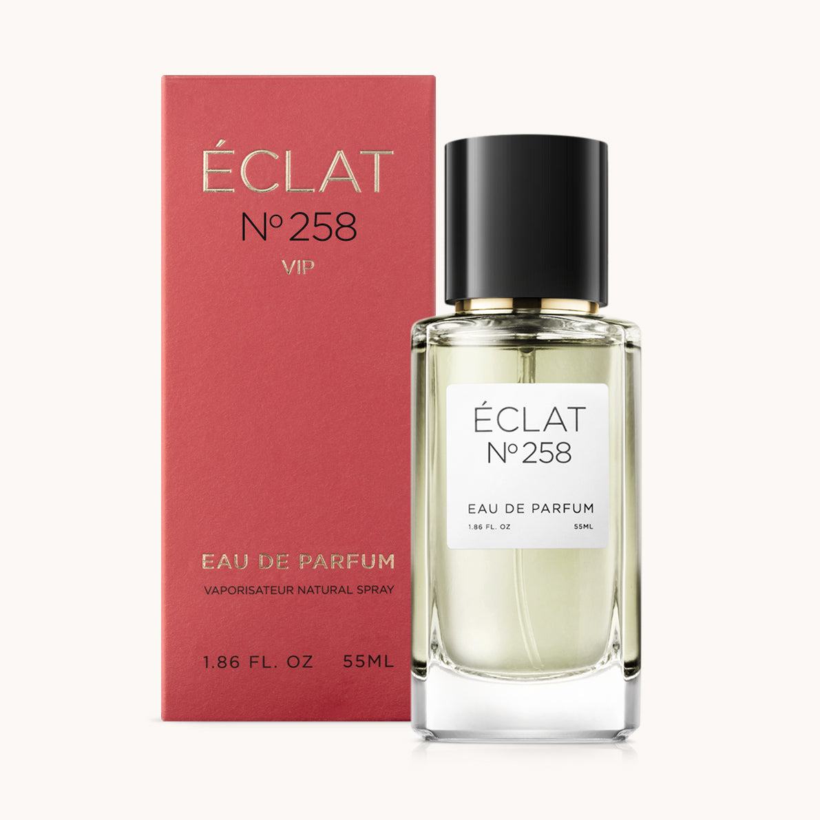ÉCLAT No. 258 VIP/RAR perfume bottle with matching red packaging. The elegant glass flacon features a black cylindrical magnetic cap and a simple white label with the inscription ÉCLAT No. 258 VIP/RAR and “Eau de Parfum”.