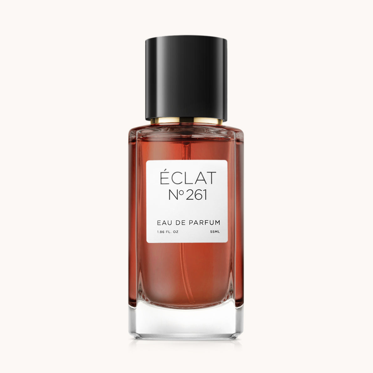Flacon of the women's perfume dupe ÉCLAT No. 261, an elegant transparent glass bottle with a black cylindrical magnetic cap and a white label. The label features the brand name ÉCLAT, the number 261, and the words “Eau de Parfum”.
