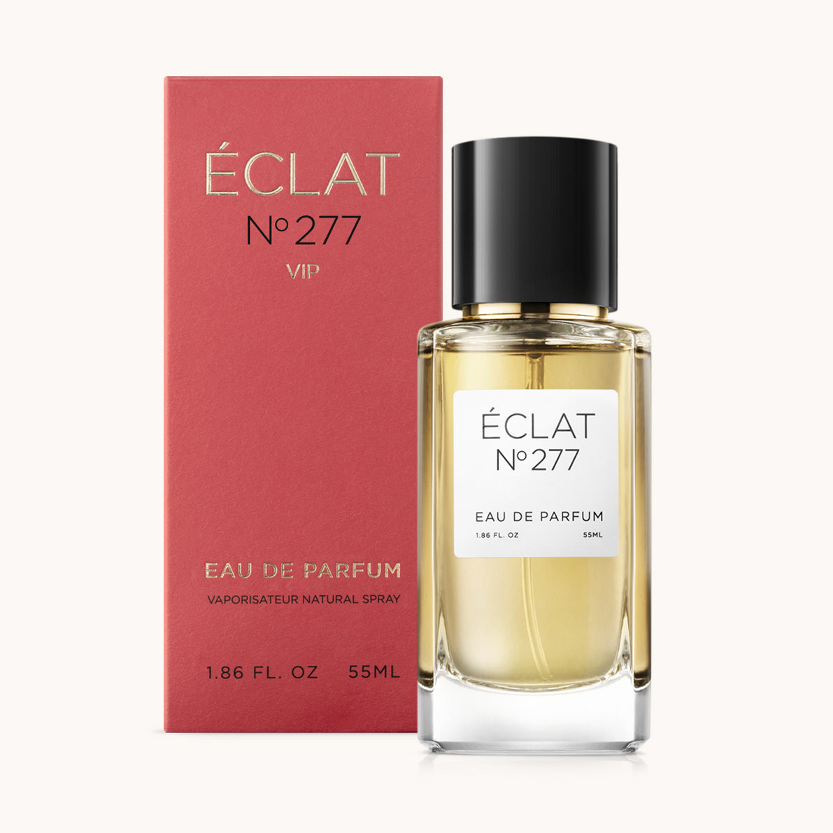 ÉCLAT No. 277 VIP perfume bottle with matching red packaging. The elegant glass flacon features a black cylindrical magnetic cap and a simple white label with the inscription ÉCLAT No. 277 VIP and “Eau de Parfum”.
