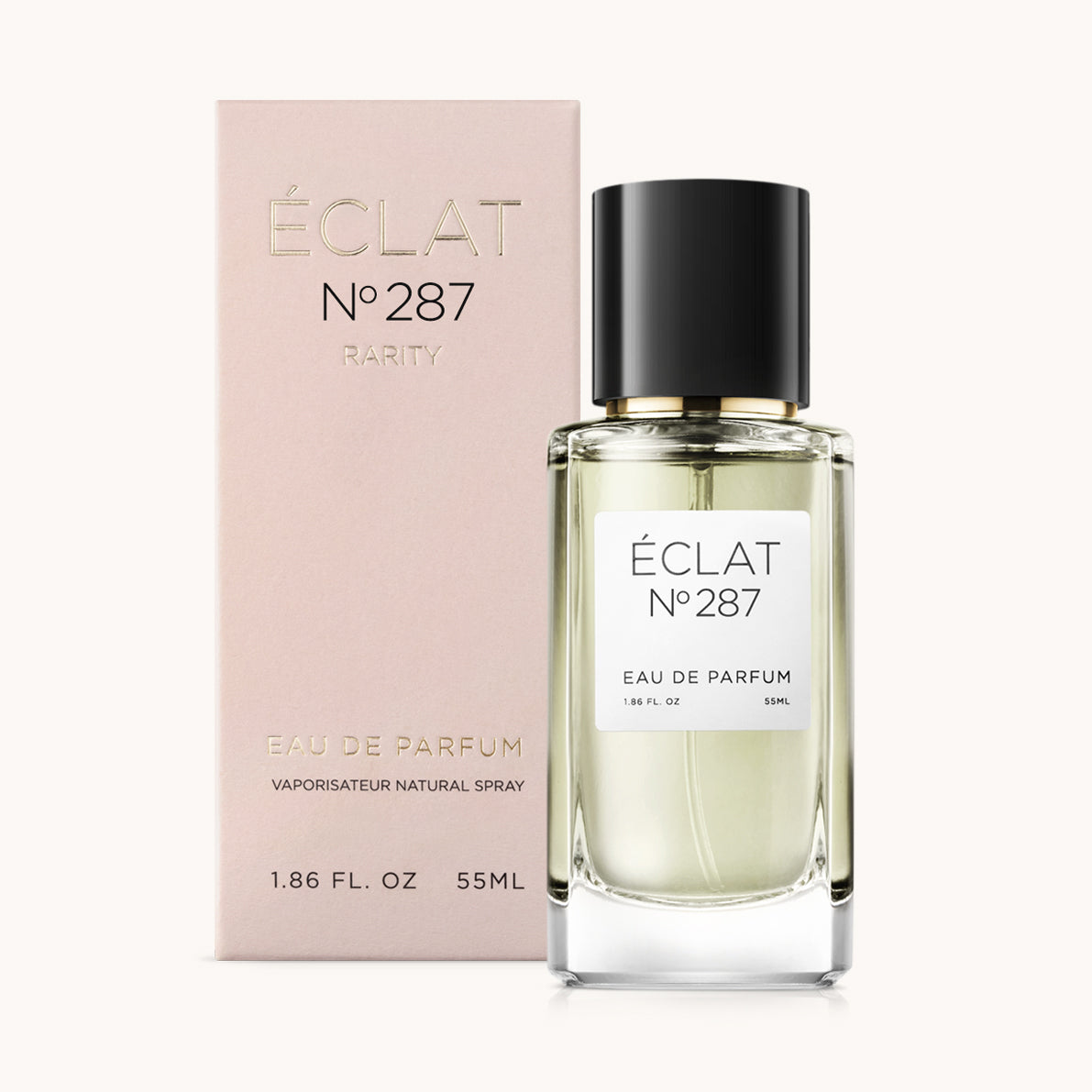ÉCLAT No. 287 RAR perfume bottle with matching pink packaging. The elegant glass flacon features a black cylindrical magnetic cap and a simple white label with the inscription ÉCLAT No. 287 RAR and “Eau de Parfum”.