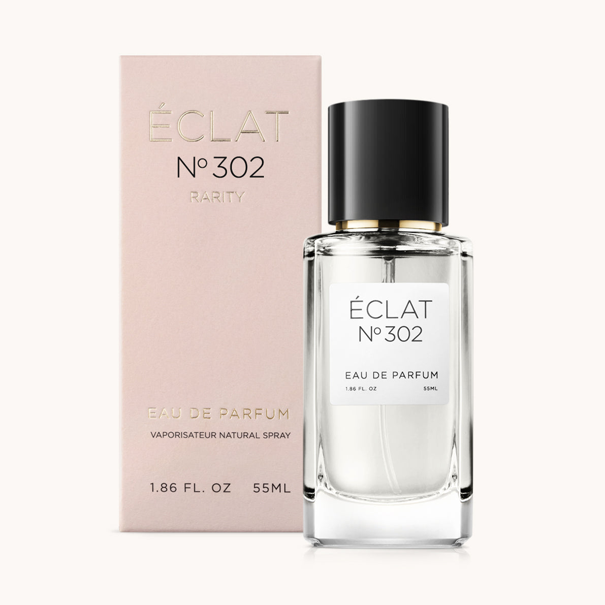 ÉCLAT No. 302 RAR fragrance bottle with matching pink packaging. The elegant glass flacon features a black cylindrical magnetic cap and a simple white label with the inscription ÉCLAT No. 302 RAR and “Eau de Parfum”.