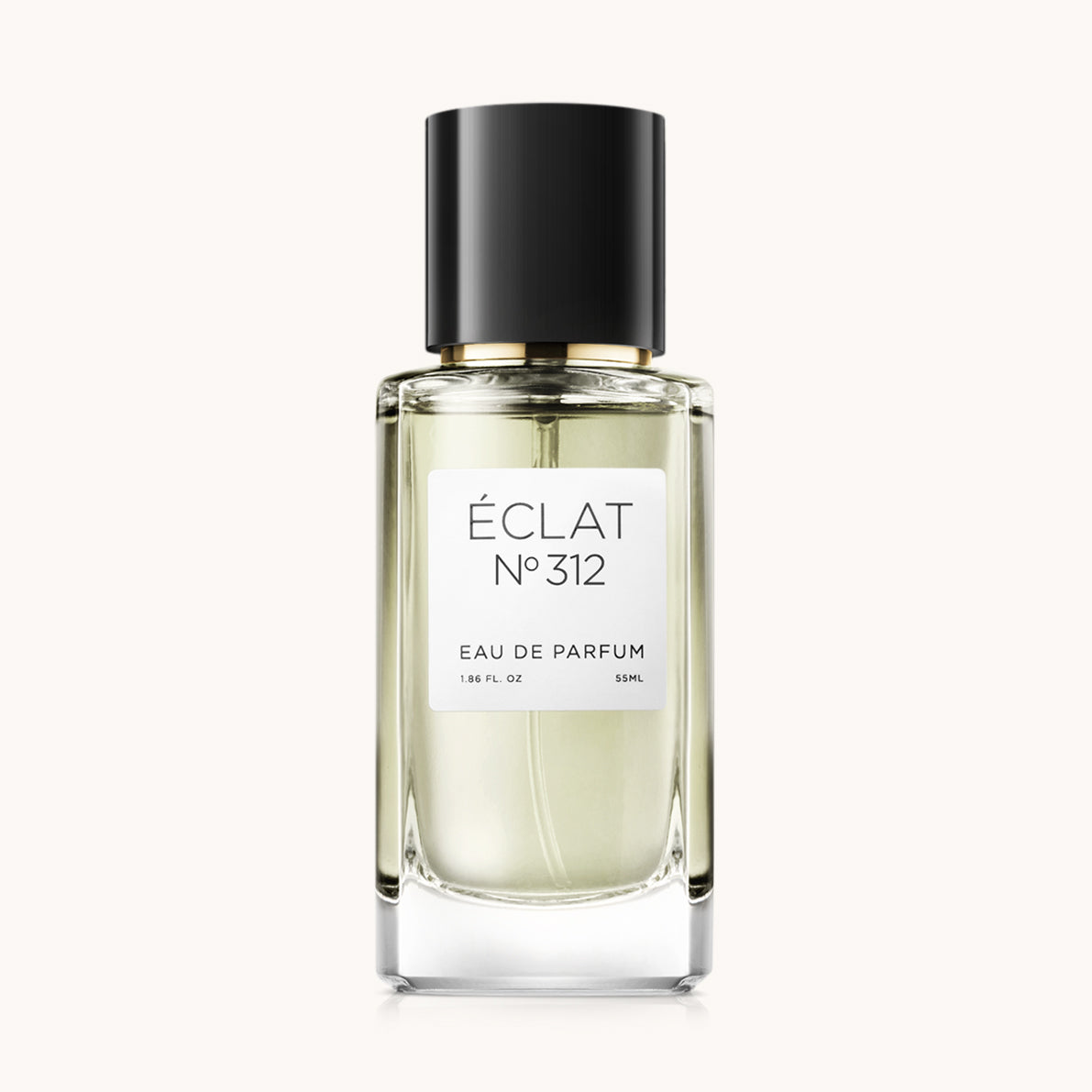 Flacon of the women's perfume dupe ÉCLAT No. 312, an elegant transparent glass bottle with a black cylindrical magnetic cap and a white label. The label features the brand name ÉCLAT, the number 312, and the words “Eau de Parfum”.