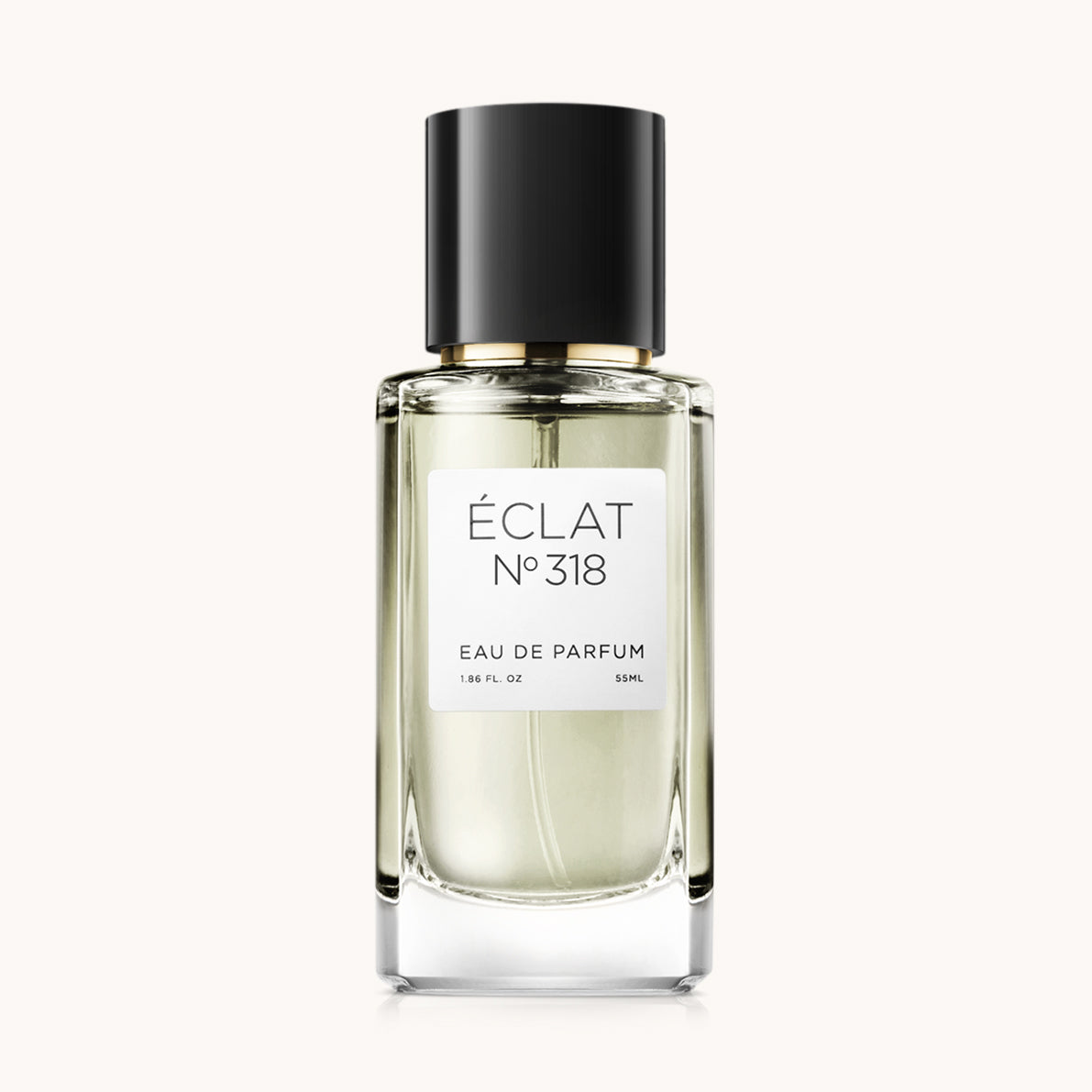 Flacon of the women's perfume dupe ÉCLAT No. 318, an elegant transparent glass bottle with a black cylindrical magnetic cap and a white label. The label features the brand name ÉCLAT, the number 318, and the words “Eau de Parfum”.