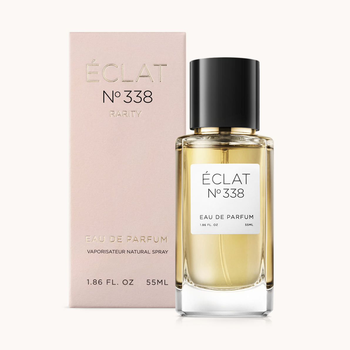 ÉCLAT No. 338 RAR fragrance bottle with matching pink packaging. The elegant glass flacon features a black cylindrical magnetic cap and a simple white label with the inscription ÉCLAT No. 338 RAR and “Eau de Parfum”.