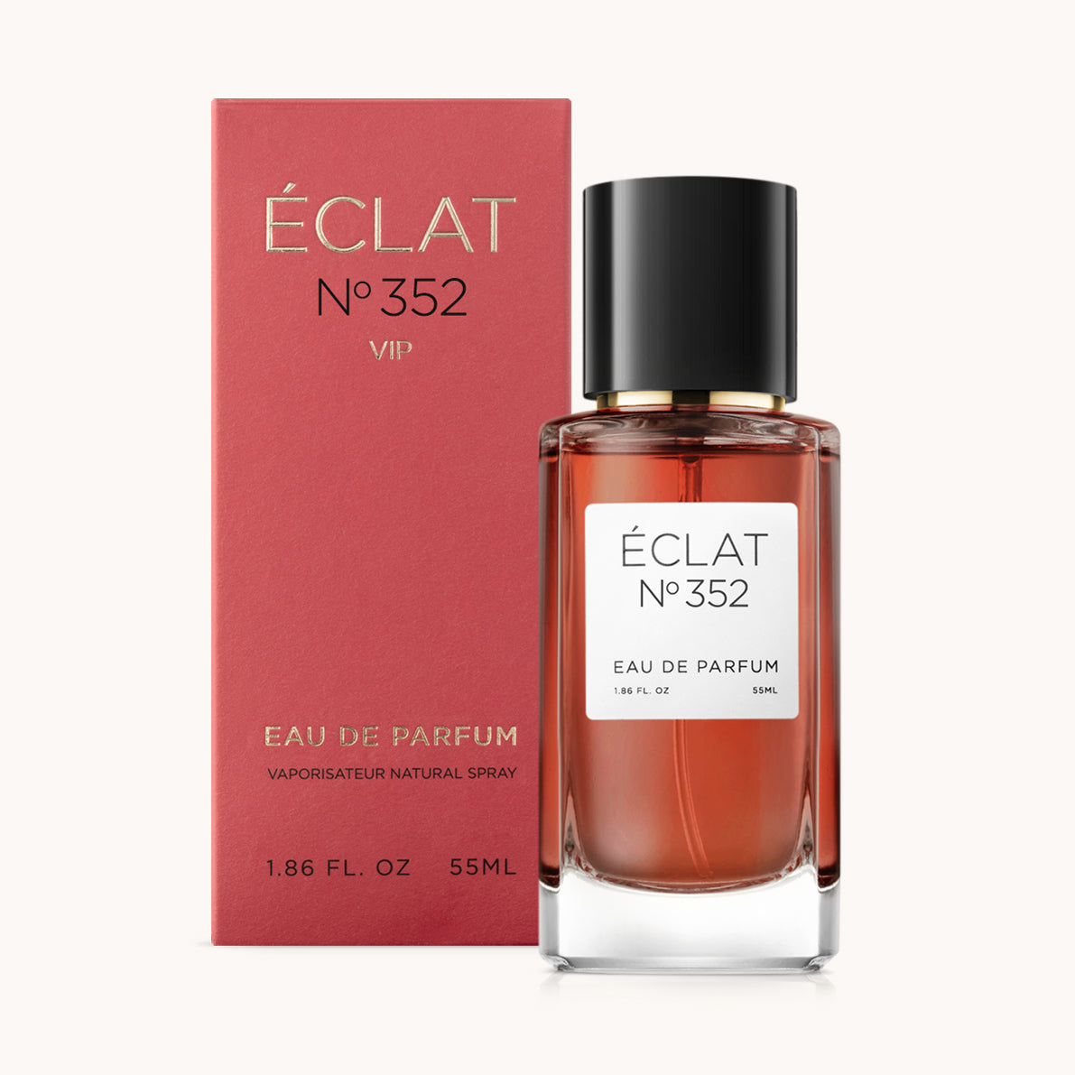 ÉCLAT No. 352 VIP perfume bottle with matching red packaging. The elegant glass flacon features a black cylindrical magnetic cap and a simple white label with the inscription ÉCLAT No. 352 VIP and “Eau de Parfum”.