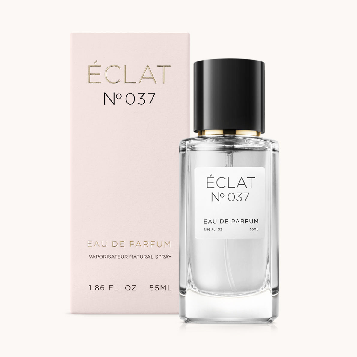 ÉCLAT No. 037 perfume bottle with matching light pink packaging. The elegant glass flacon features a black cylindrical magnetic cap and a simple white label with the inscription ÉCLAT No. 037 and “Eau de Parfum”.
