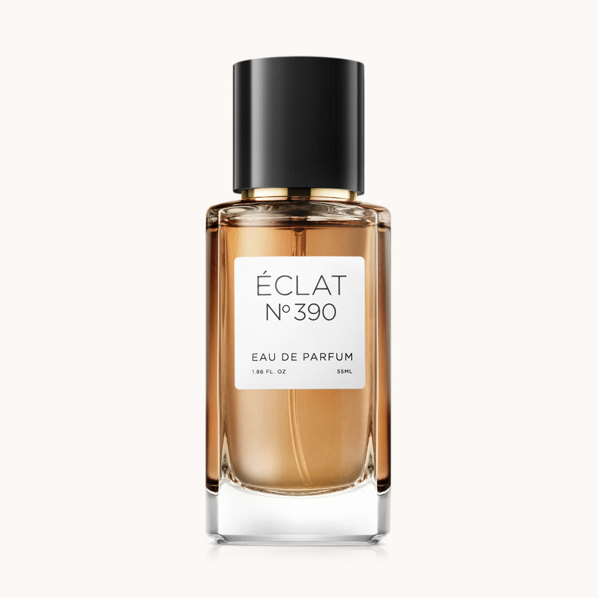 Flacon of the women's perfume dupe ÉCLAT No. 390 RAR, an elegant transparent glass bottle with a black cylindrical magnetic cap and a white label. The label features the brand name ÉCLAT, the number 390 RAR, and the words “Eau de Parfum”.