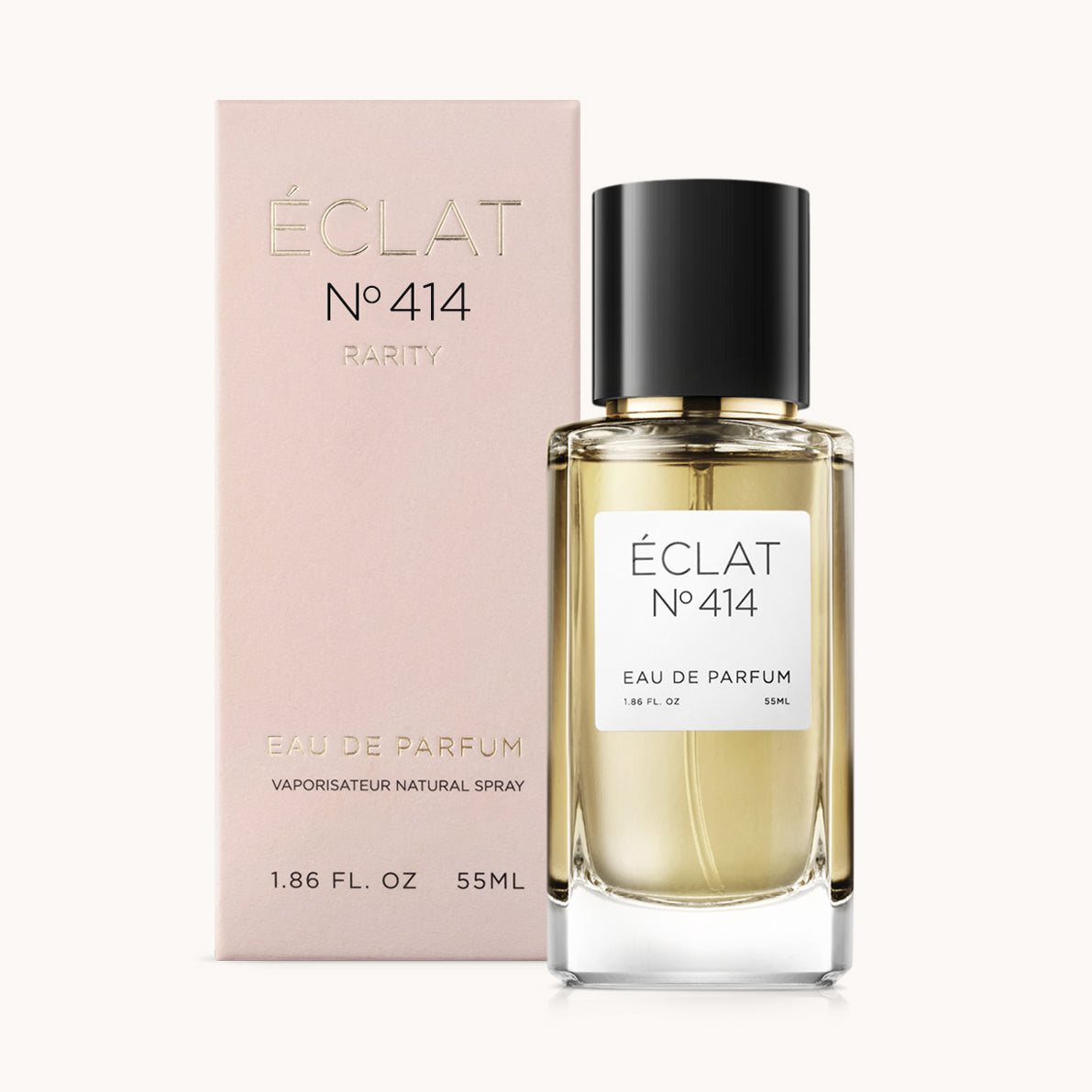 ÉCLAT No. 414 RAR perfume bottle with matching pink packaging. The elegant glass flacon features a black cylindrical magnetic cap and a simple white label with the inscription ÉCLAT No. 414 RAR and “Eau de Parfum”.