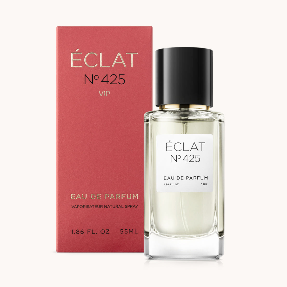 ÉCLAT No. 425 VIP perfume bottle with matching red packaging. The elegant glass flacon features a black cylindrical magnetic cap and a simple white label with the inscription ÉCLAT No. 425 VIP and “Eau de Parfum”.