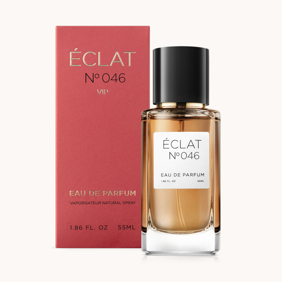 ÉCLAT No. 046 VIP perfume bottle with matching red packaging. The elegant glass flacon features a black cylindrical magnetic cap and a simple white label with the inscription ÉCLAT No. 046 VIP and “Eau de Parfum”.