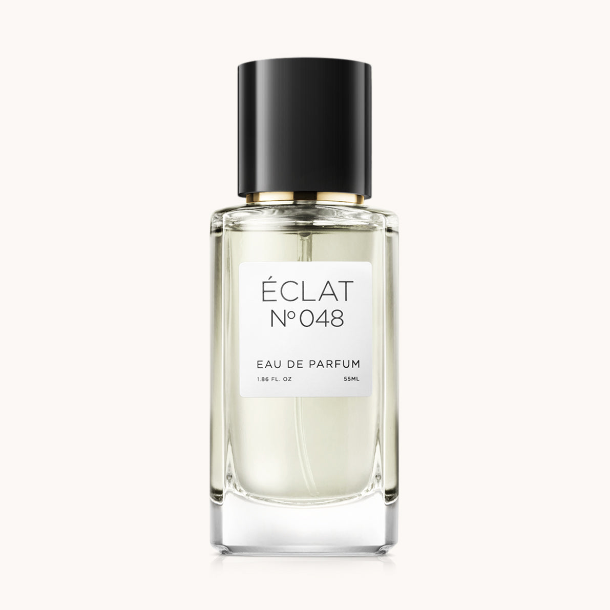 Flacon of the women's fragrance dupe ÉCLAT No. 048 RAR, an elegant transparent glass bottle with a black cylindrical magnetic cap and a white label. The label features the brand name ÉCLAT, the number 048 RAR, and the words “Eau de Parfum”.