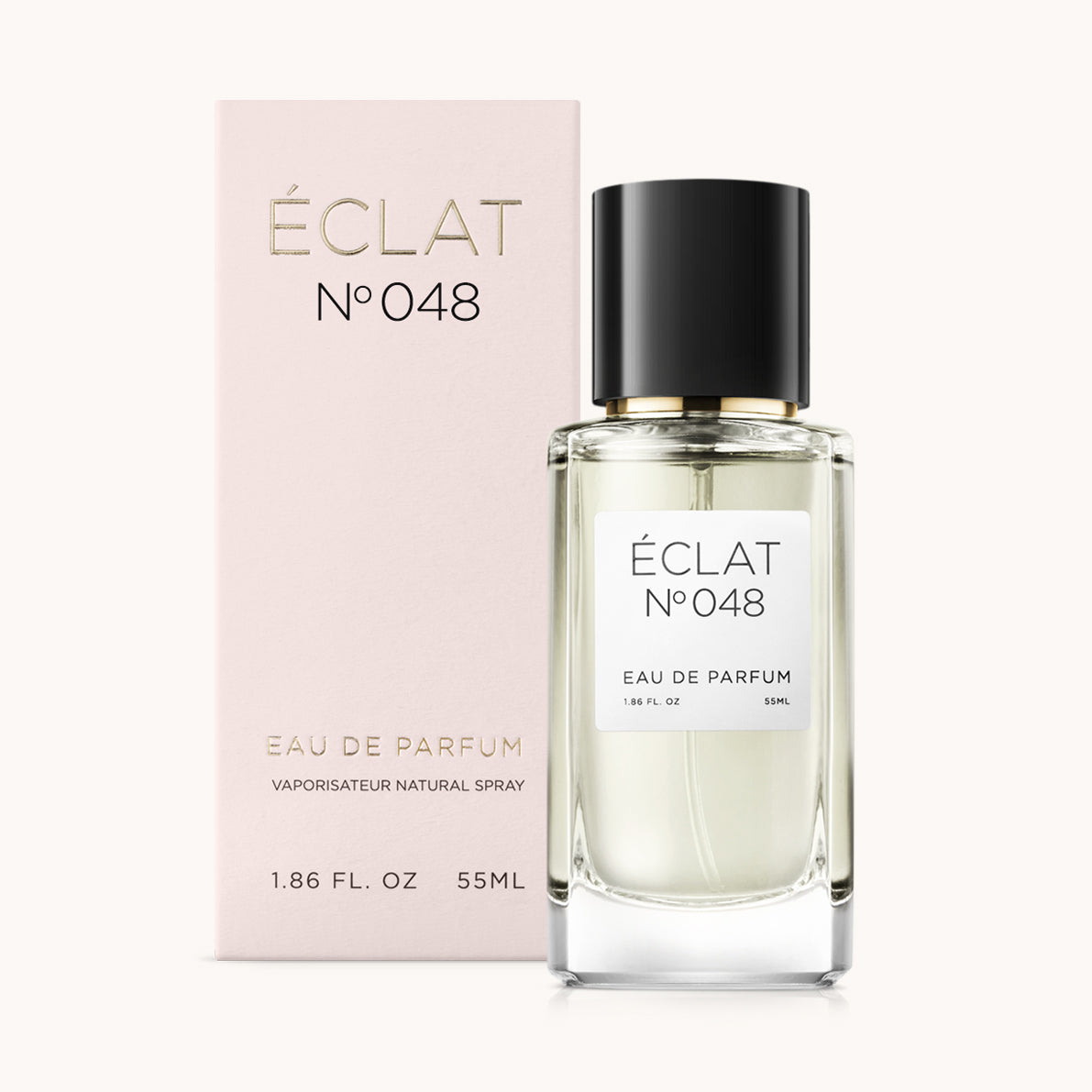 ÉCLAT No. 048 RAR perfume bottle with matching pink packaging. The elegant glass flacon features a black cylindrical magnetic cap and a simple white label with the inscription ÉCLAT No. 048 RAR and “Eau de Parfum”.