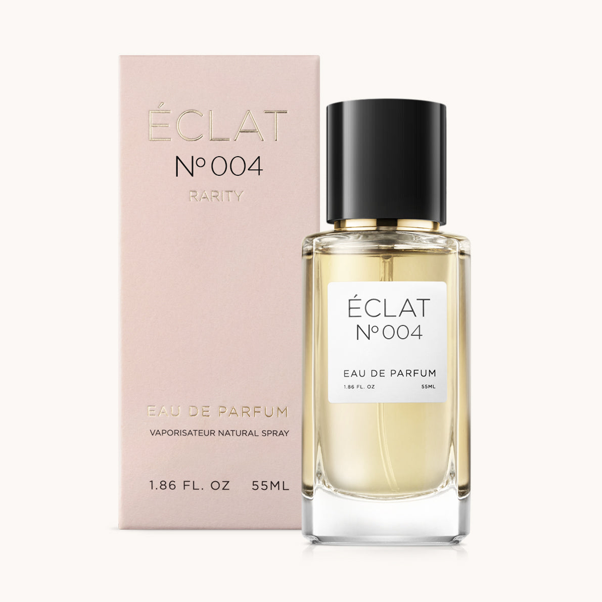 ÉCLAT No. 004 RAR perfume bottle with matching pink packaging. The elegant glass flacon features a black cylindrical magnetic cap and a simple white label with the inscription ÉCLAT No. 004 RAR and “Eau de Parfum”.