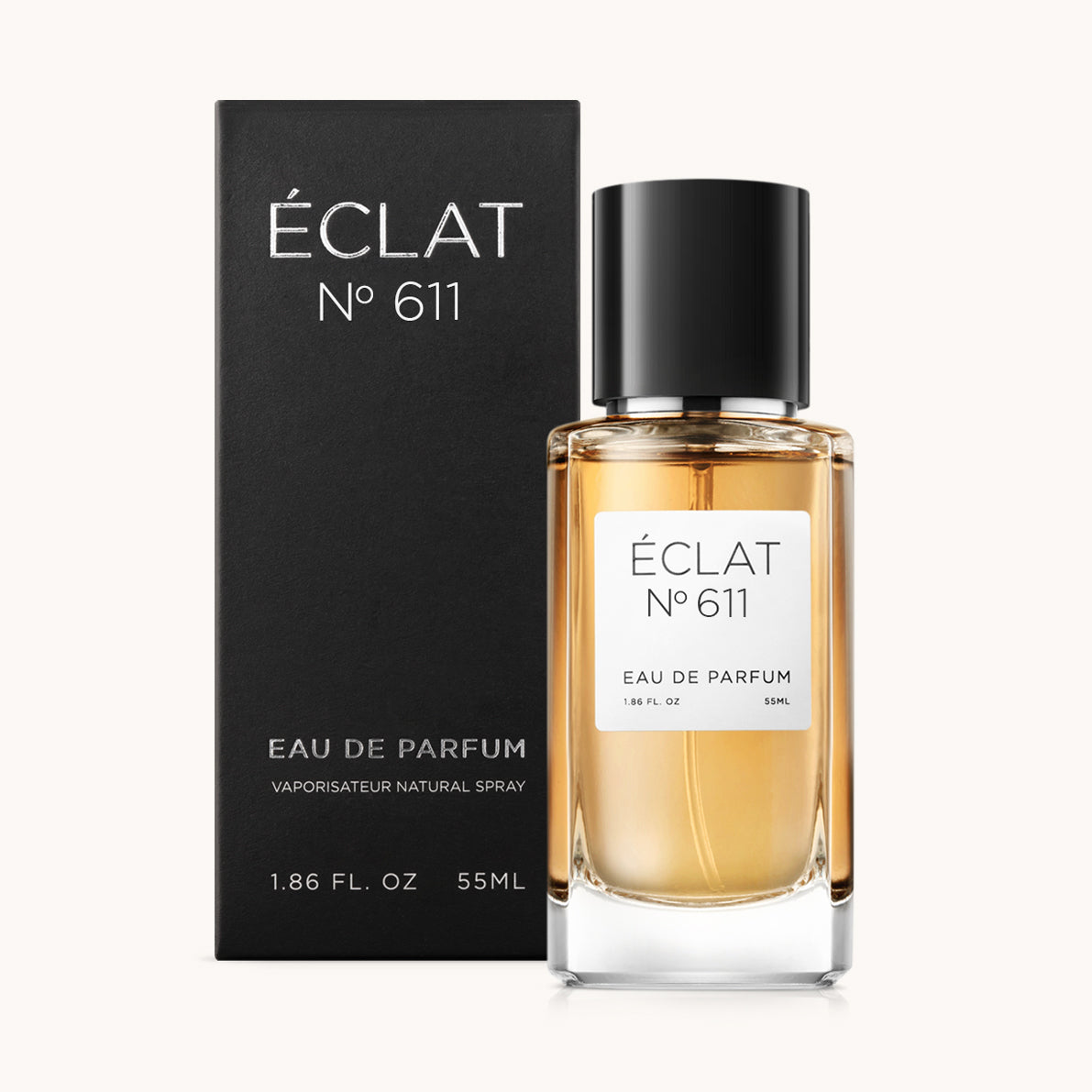 ÉCLAT No. 611 men’s perfume bottle with matching black packaging. The elegant flacon features a black cylindrical magnetic cap and a clean white label with the inscription ÉCLAT No. 611 and “Eau de Parfum”.