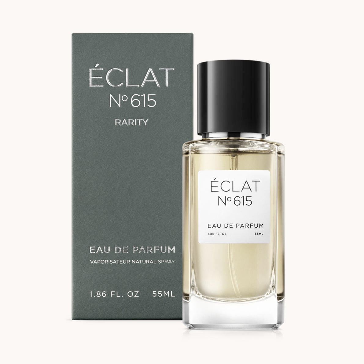 ÉCLAT No. 615 RAR men’s perfume bottle with matching green packaging. The elegant flacon features a black cylindrical magnetic cap and a clean white label with the inscription ÉCLAT No. 615 RAR and “Eau de Parfum”.