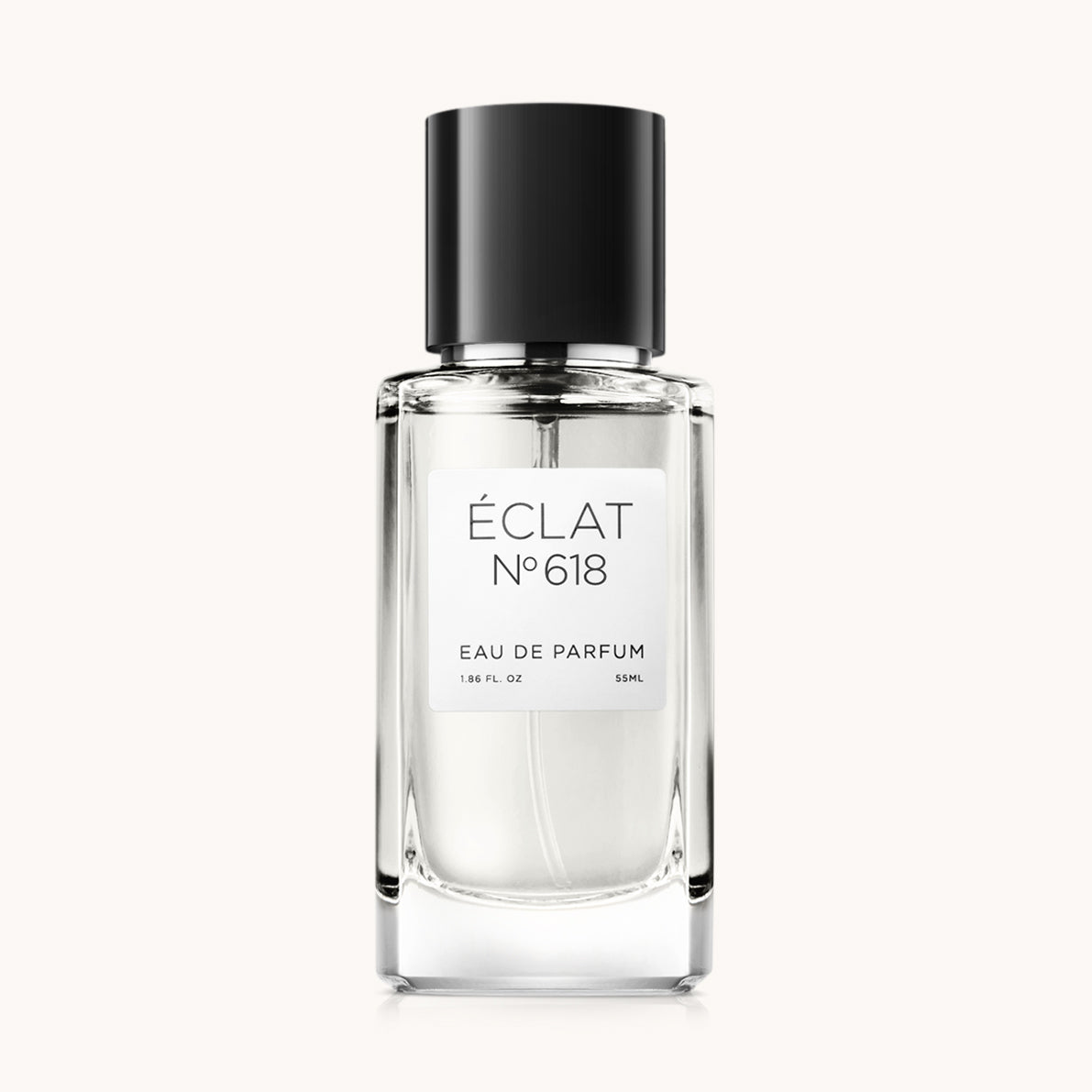 Flacon of the men’s perfume dupe ÉCLAT No. 618, an elegant transparent glass bottle with a black cylindrical magnetic cap and a minimalist white label. The label displays the brand name ÉCLAT, the number 618, and the phrase “Eau de Parfum”.
