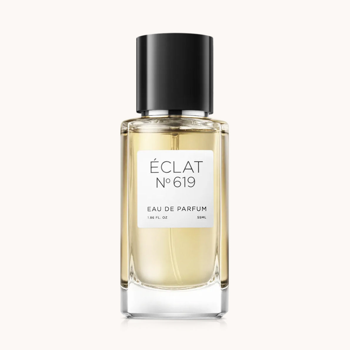 Flacon of the men’s perfume dupe ÉCLAT No. 619, an elegant transparent glass bottle with a black cylindrical magnetic cap and a minimalist white label. The label displays the brand name ÉCLAT, the number 619, and the phrase “Eau de Parfum”.
