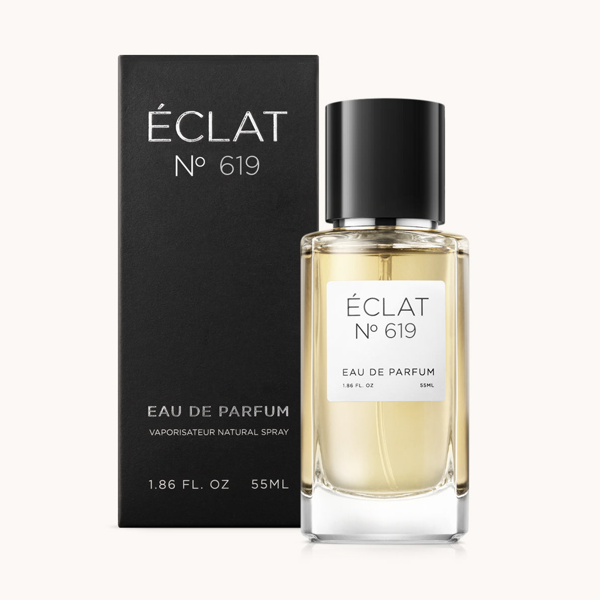 ÉCLAT No. 619 men’s perfume bottle with matching black packaging. The elegant flacon features a black cylindrical magnetic cap and a clean white label with the inscription ÉCLAT No. 619 and “Eau de Parfum”.