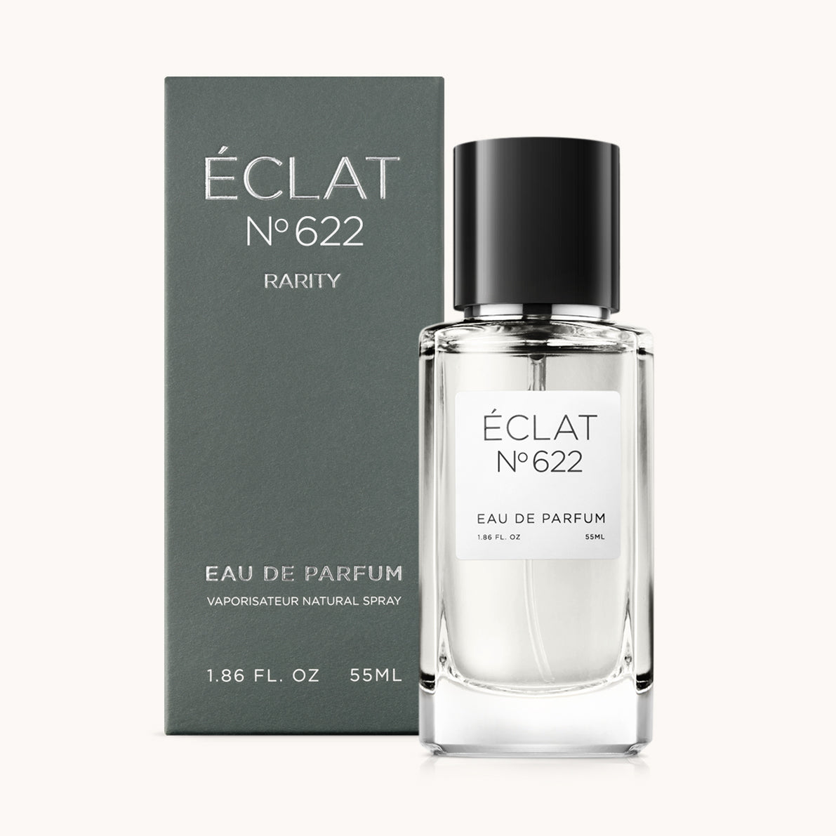 ÉCLAT No. 622 RAR men’s perfume bottle with matching green packaging. The elegant flacon features a black cylindrical magnetic cap and a clean white label with the inscription ÉCLAT No. 622 RAR and “Eau de Parfum”.