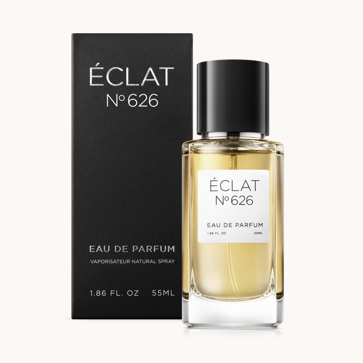 ÉCLAT No. 626 men’s perfume bottle with matching black packaging. The elegant flacon features a black cylindrical magnetic cap and a clean white label with the inscription ÉCLAT No. 626 and “Eau de Parfum”.