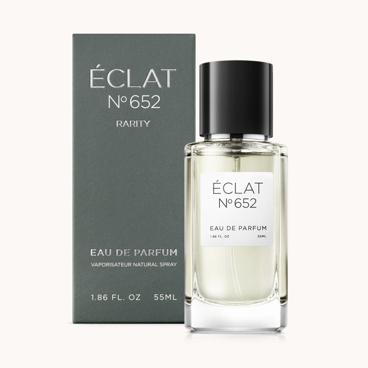 ÉCLAT No. 652 RAR men’s perfume bottle with matching green packaging. The elegant flacon features a black cylindrical magnetic cap and a clean white label with the inscription ÉCLAT No. 652 RAR and “Eau de Parfum”.