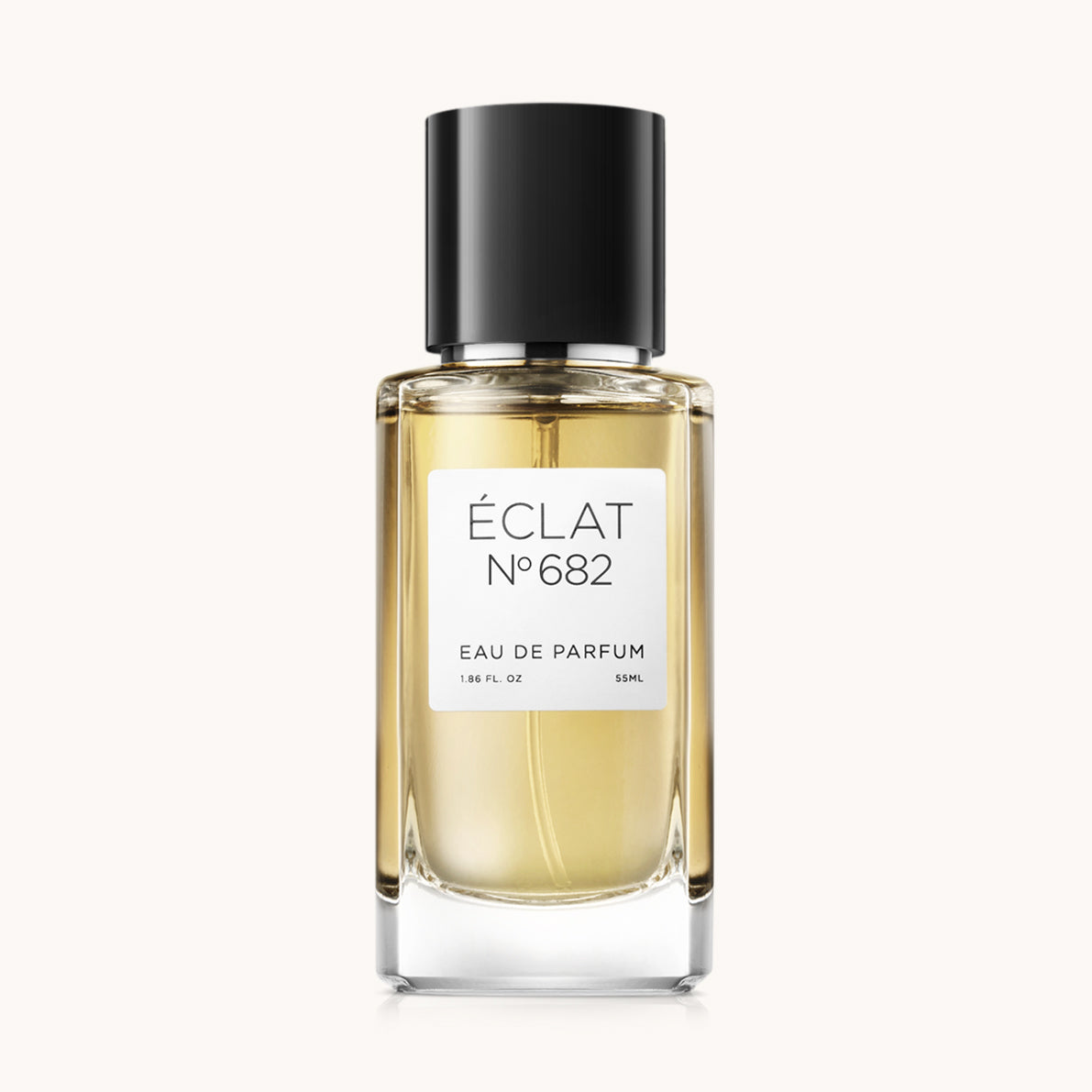 Flacon of the men’s perfume dupe ÉCLAT No. 682, an elegant transparent glass bottle with a black cylindrical magnetic cap and a minimalist white label. The label displays the brand name ÉCLAT, the number 682, and the phrase “Eau de Parfum”.