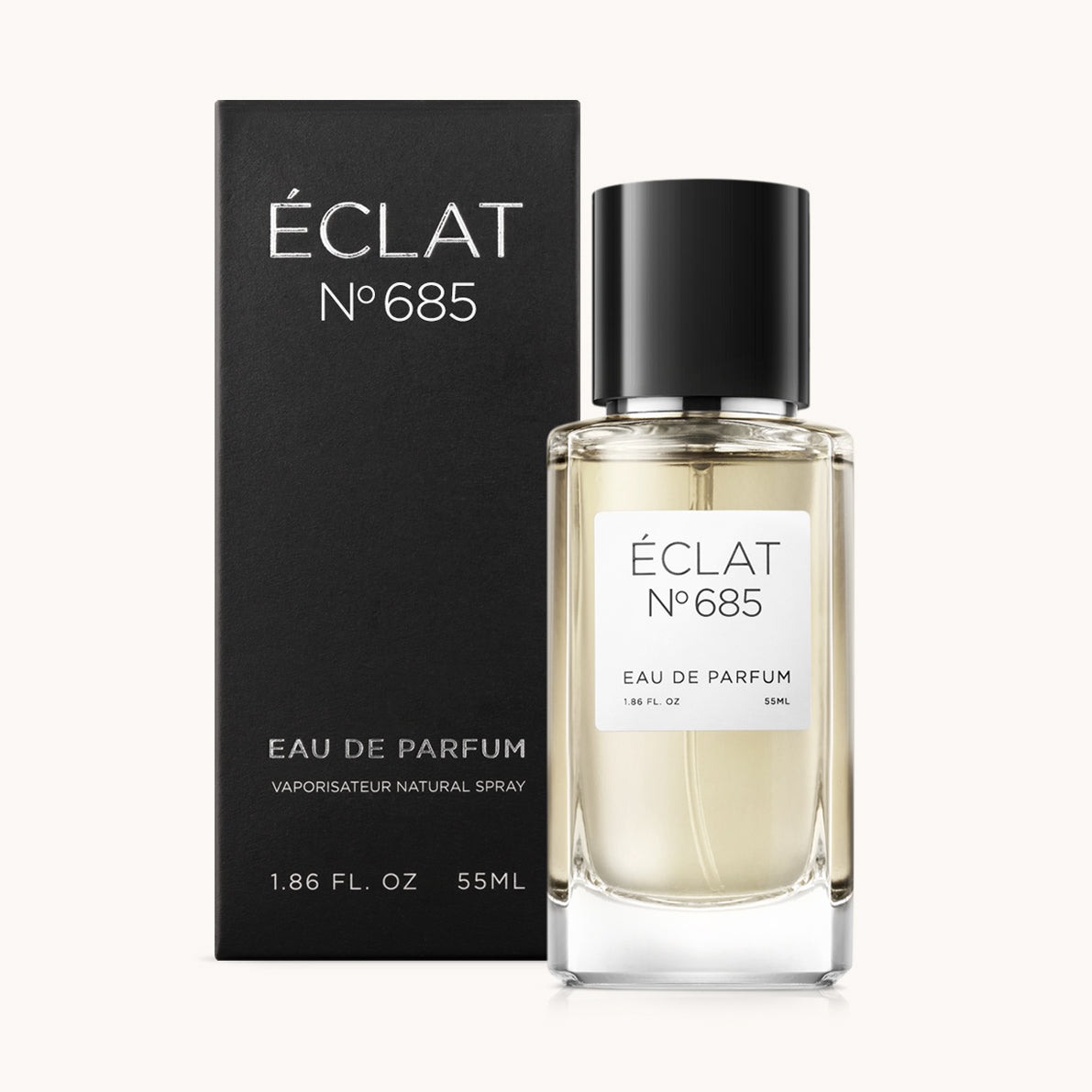 ÉCLAT No. 685 men’s perfume bottle with matching black packaging. The elegant flacon features a black cylindrical magnetic cap and a clean white label with the inscription ÉCLAT No. 685 and “Eau de Parfum”.