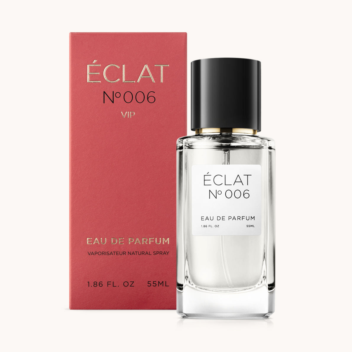 ÉCLAT No. 006 VIP perfume bottle with matching red packaging. The elegant glass flacon features a black cylindrical magnetic cap and a simple white label with the inscription ÉCLAT No. 006 VIP and “Eau de Parfum”.