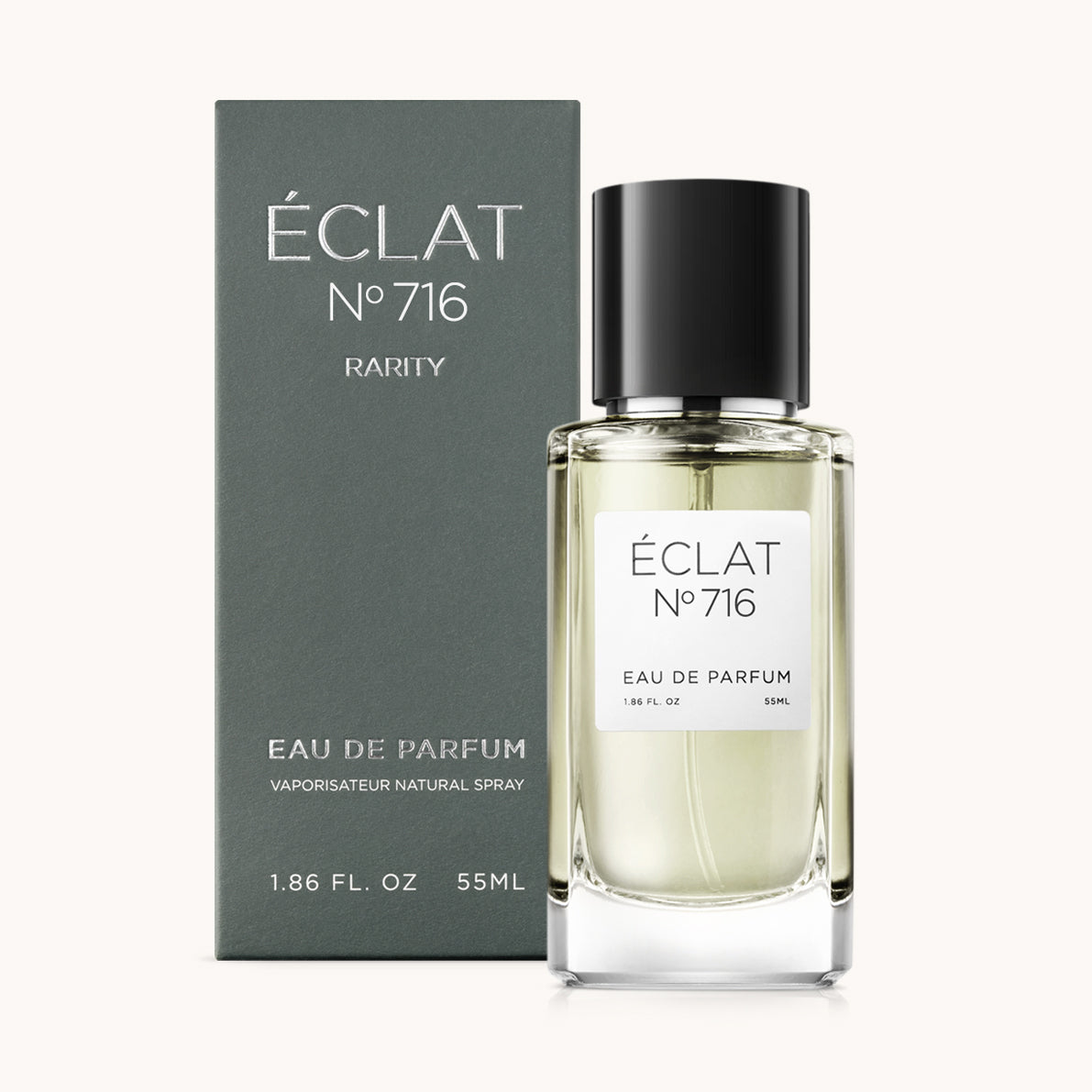 Flacon of the men’s perfume dupe ÉCLAT No. 716 RAR, an elegant transparent glass bottle with a black cylindrical magnetic cap and a minimalist white label. The label displays the brand name ÉCLAT, the number 716 RAR, and the phrase “Eau de Parfum”.